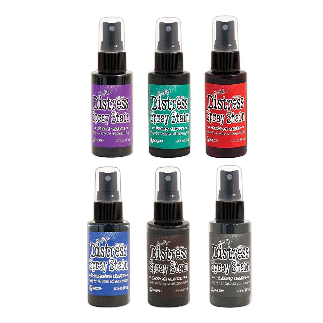 Tim Holtz - Distress Bolds Spray Stain - Hickory Smoke, Wilted Violet, Blueprint Sketch, Ground Espresso, Lucky Clover, Candied Apple with Exclusive Purple Turtle Detail Sticks