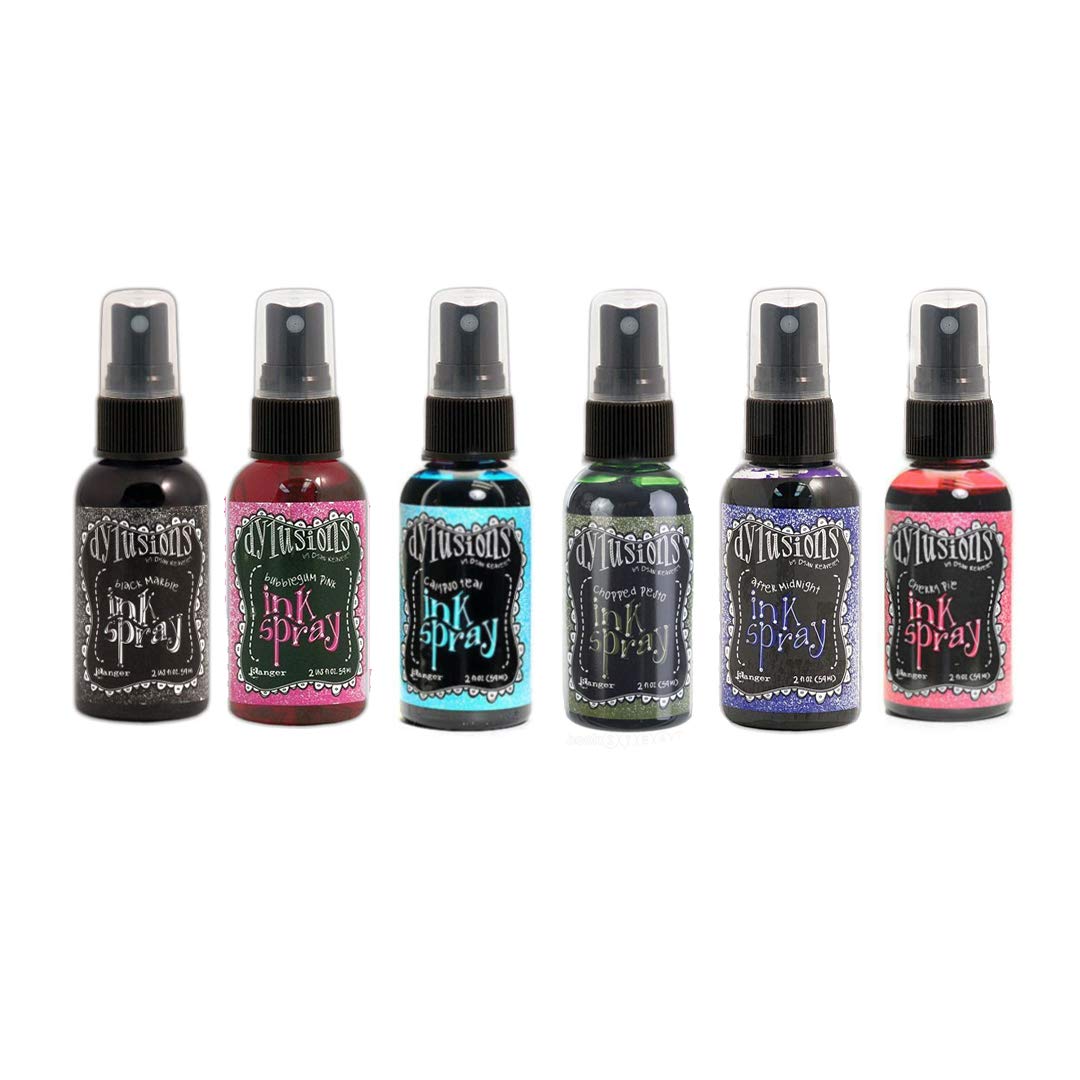 Dylusions - Bold Ink Spray Collection - Cherry Pie, After Midnight, Black Midnight, Bubblegum Pink, Chopped Pesto, Calypso Teal - with Exclusive Purple Turtle Detail Picks