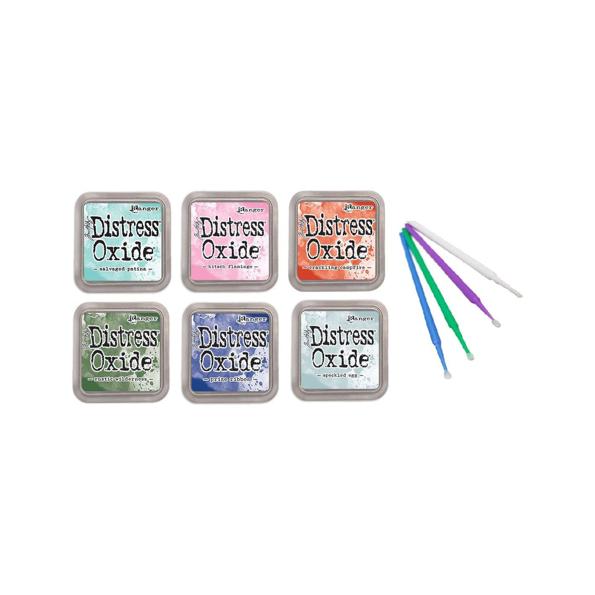 Ranger Oxide Bundles - 6 Oxide Pads with PTP Flash Deals Blending Sticks (Salvaged Patina, Prize Ribbon, Speckled Egg, Kitsch Flamingo, Rustic Wilderness, Crackling Campfire)