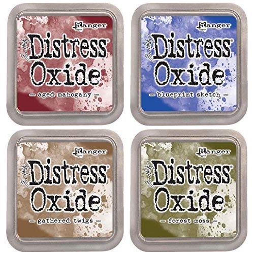 Tim Holtz Ranger Distress Oxide Ink Bundle - Four 3" x 3" Pads (C - Classic : Aged Mahogany, Blueprint Sketch, Forest Moss, and Gathered Twigs)