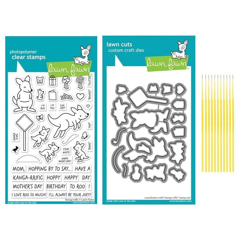 Lawn Fawn Stamp Set Bundle - Kanga-Rrific Clear Stamps and Coordinating Die-Cut Set with Trebbies Fine Detail Sticks