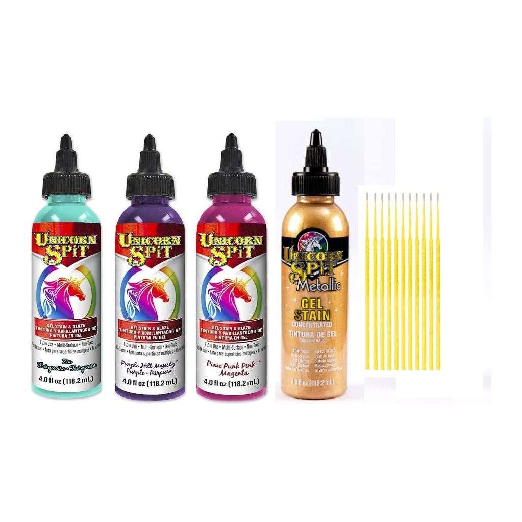 Unicorn SPiT Gel and Glaze Stain in one Bundles - 4 4oz. Bottles with Trebbies Detail Sticks (Celebration Collection)