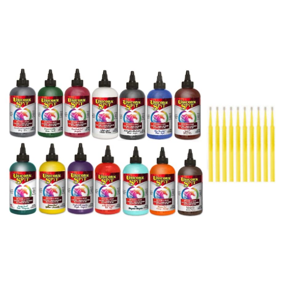 Unicorn SPiT Gel Stain & Glaze in One - 14 Complete Original Paint Collection 8oz Bottles with 10 TreBBies Fine Detail Sticks