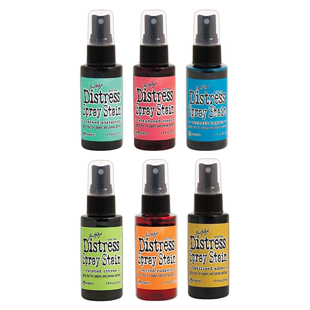 Tim Holtz - Distress Brights Spray Stain - Mermaid Lagoon, Twisted Citron, Cracked Pistachio, Abandoned Coral, Carved Pumpkin, Fossilized Amber - with Exclusive Purple Turtle Detail Sticks