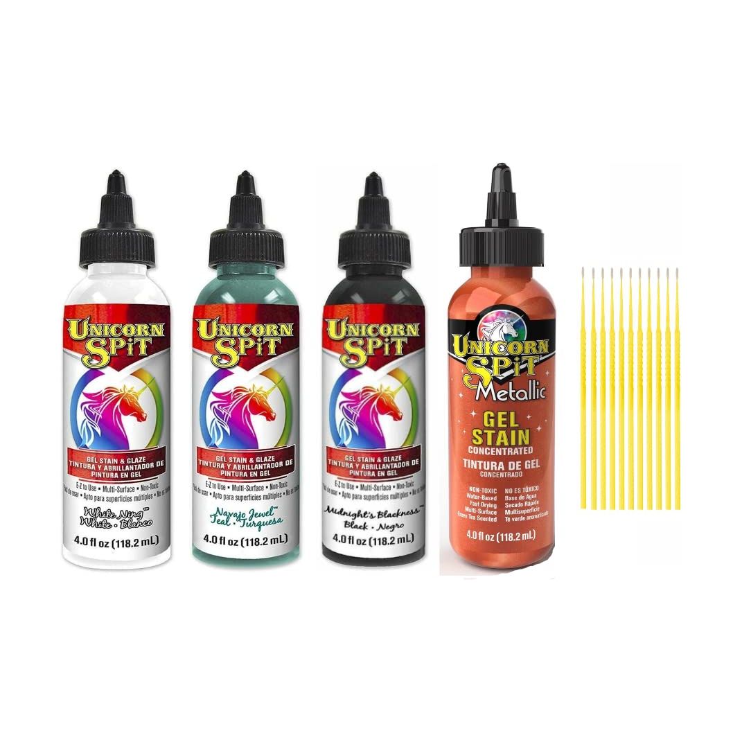 Unicorn SPiT Gel and Glaze Stain Desert Canyon Collection: 4, 4oz. Bottles with Trebbies Detail Sticks (White Ning, Navajo Jewel, Midnight's Blackness, Athena Copper)