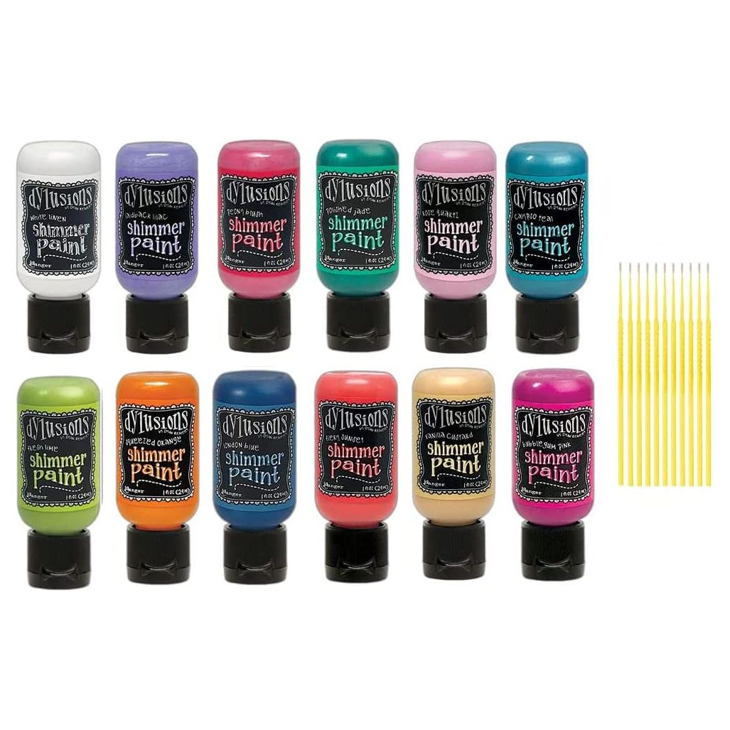 Trebbies Dylusion Shimmer Bundle - 12 Shimmer Dylusions Blendable Waterproof Paint Set Detail Stick (BRIGHT SHIMMER)