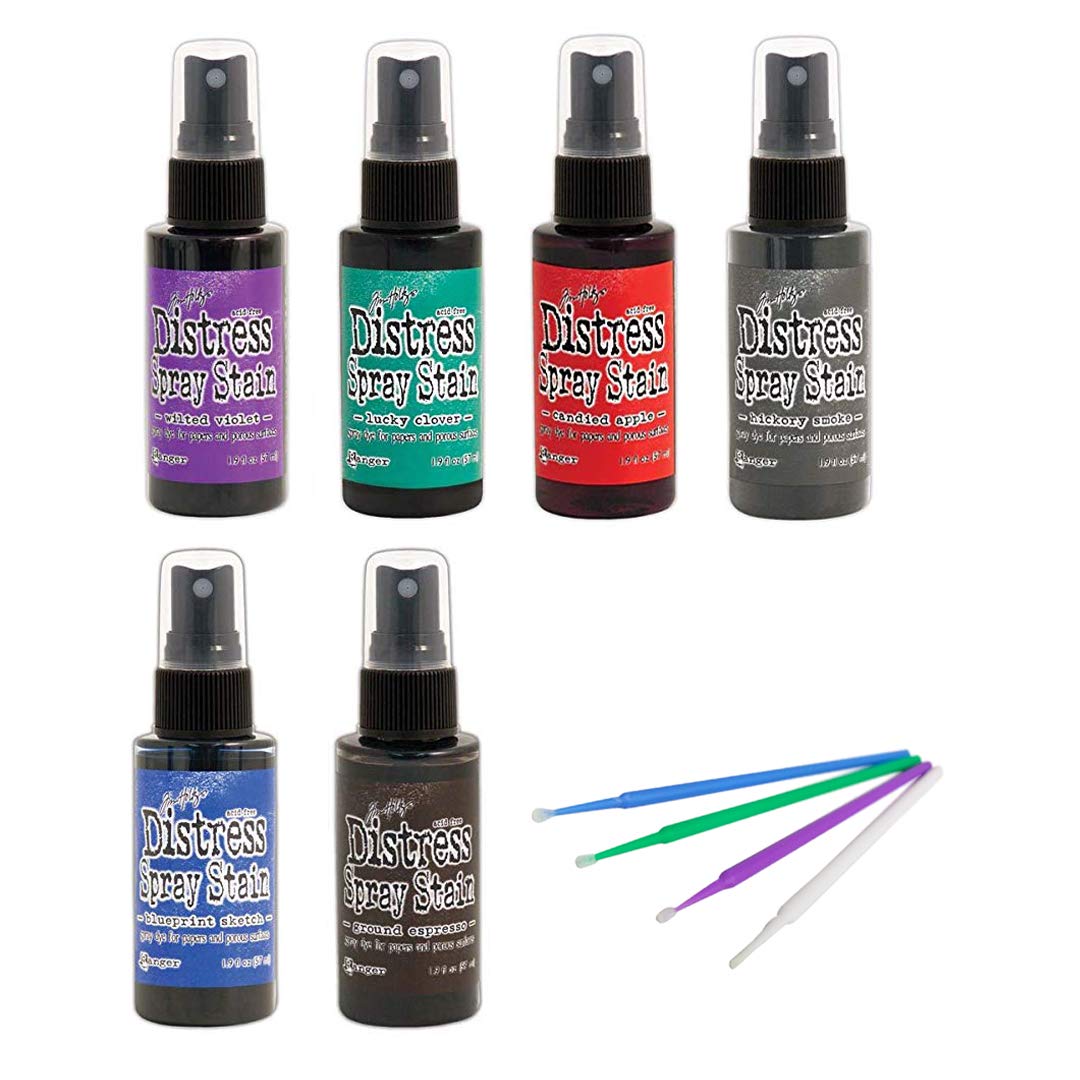 Tim Holtz - Distress Bolds Spray Stain - Hickory Smoke, Wilted Violet, Blueprint Sketch, Ground Espresso, Lucky Clover, Candied Apple with Exclusive Purple Turtle Detail Sticks