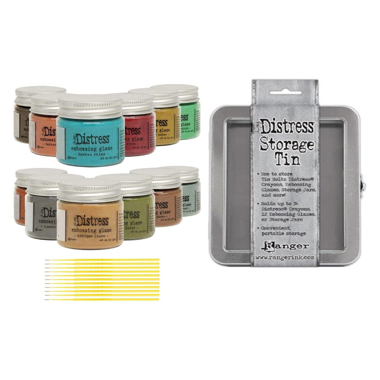 New Ranger Tim Holtz Distress Embossing Glaze - Includes PTP Flash Deals Blending Sticks (12 Complete Collection with Storage Tin)