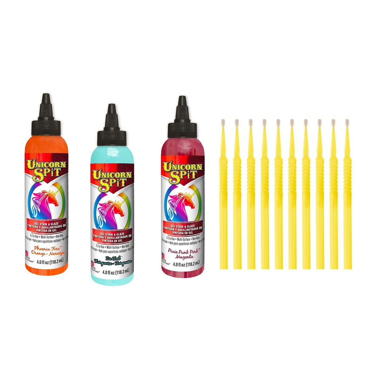 Unicorn SPiT Gel Stain & Glaze Paint in One - 4oz Calypso Collection - Phoenix Fire, Pixie Punk Pink, & Zia Teal with 10 TreBBies Fine Detail Sticks