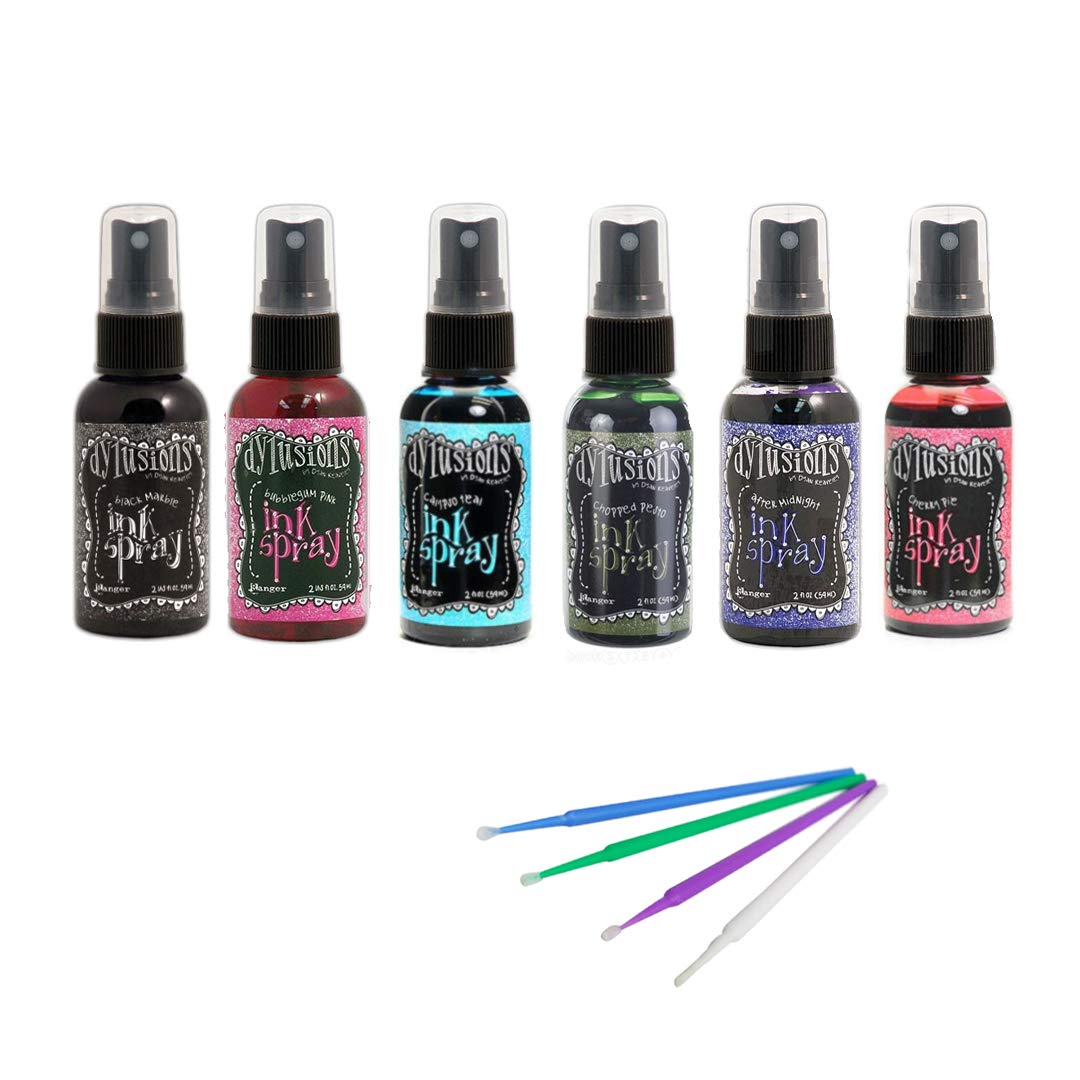 Dylusions - Bold Ink Spray Collection - Cherry Pie, After Midnight, Black Midnight, Bubblegum Pink, Chopped Pesto, Calypso Teal - with Exclusive Purple Turtle Detail Picks