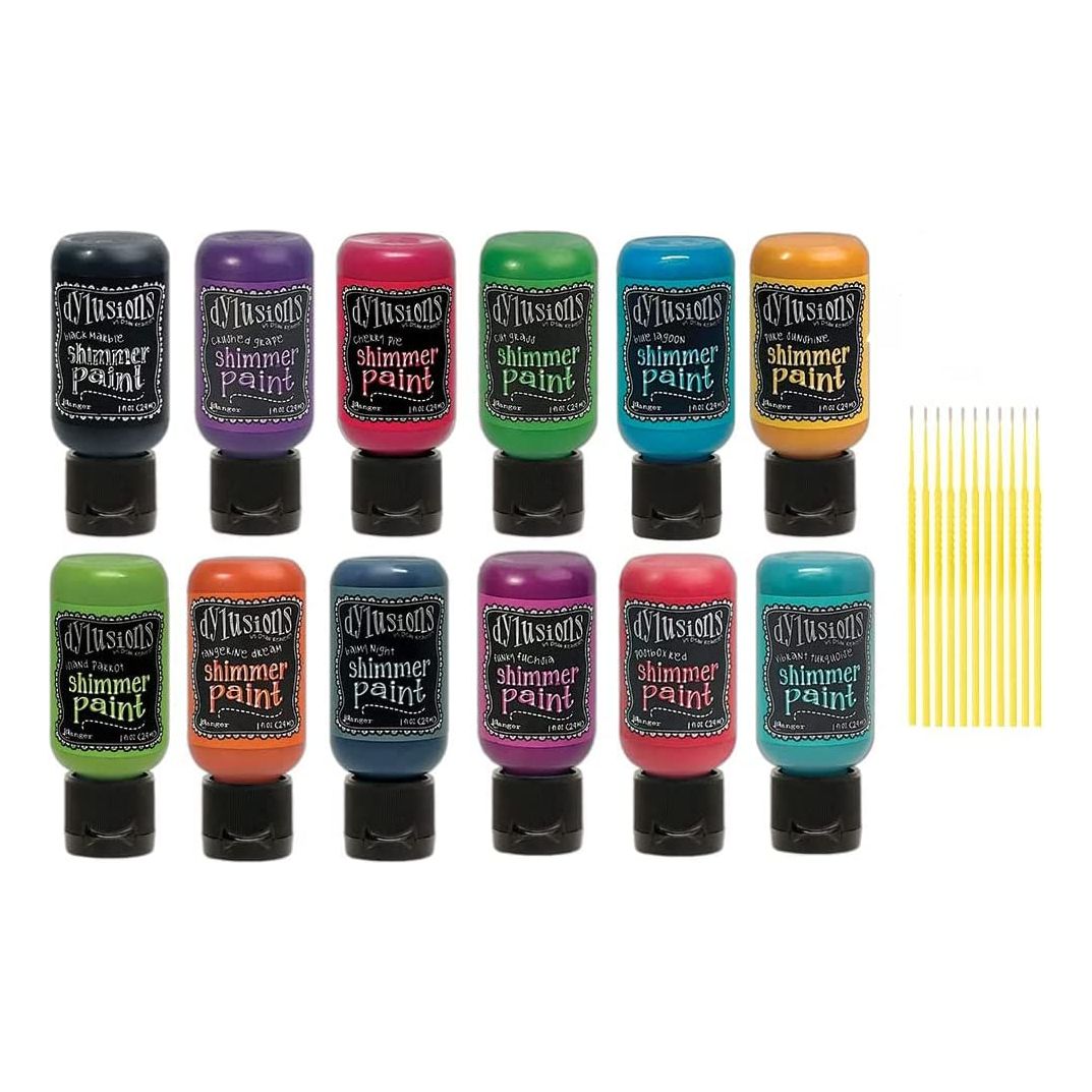 Trebbies Dylusion Shimmer Bundle - 12 Shimmer Dylusions Blendable Waterproof Paint Set Detail Stick (BOLD SHIMMER)