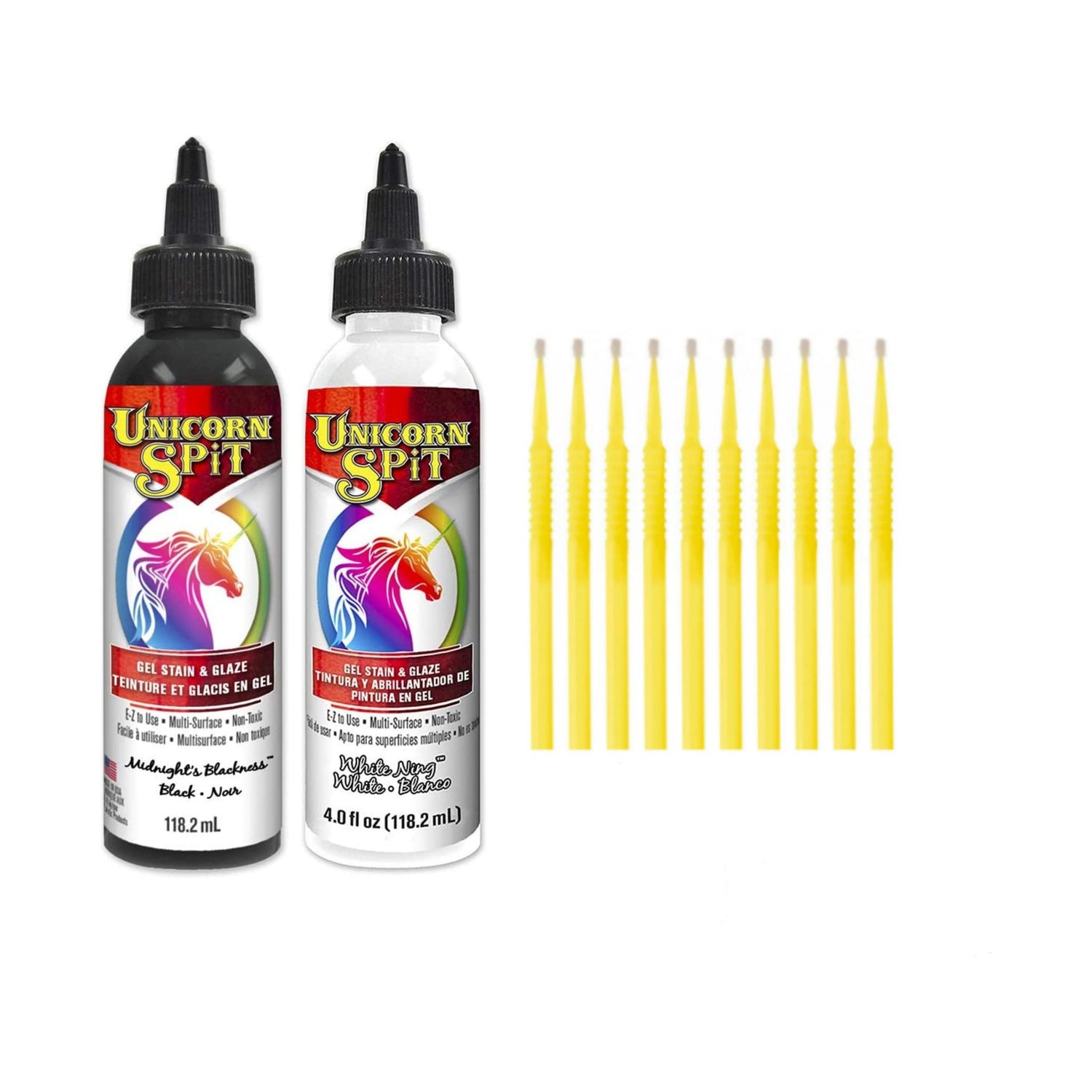 Unicorn SPiT Gel Stain & Glaze Paint in One - 4oz Black & White Set - Midnight's Blackness & White Ning with 10 TreBBies Fine Detail Sticks