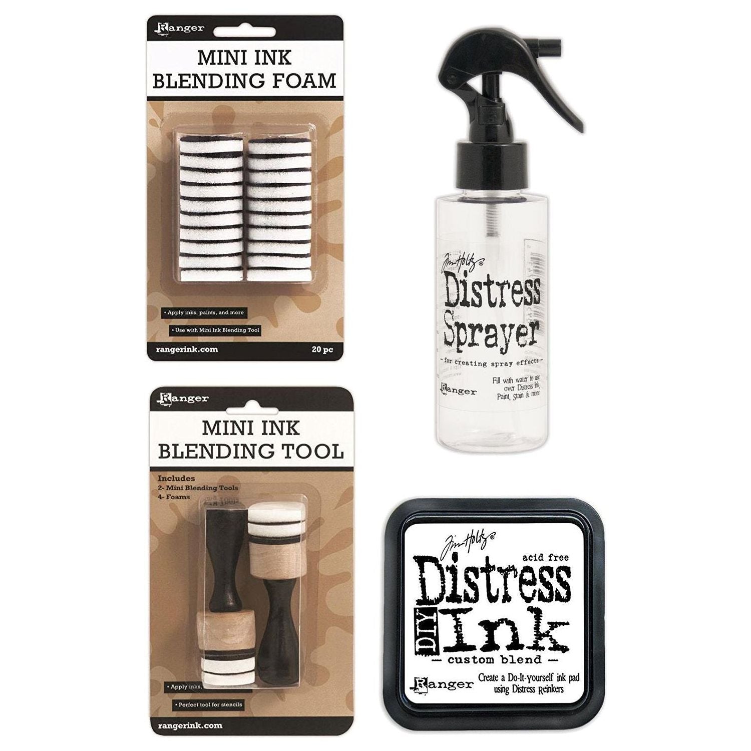 Tim Holtz Distress Bundle of 4 Items - Sprayer, DIY Ink Pad, Blending Tools, and Blending Foams