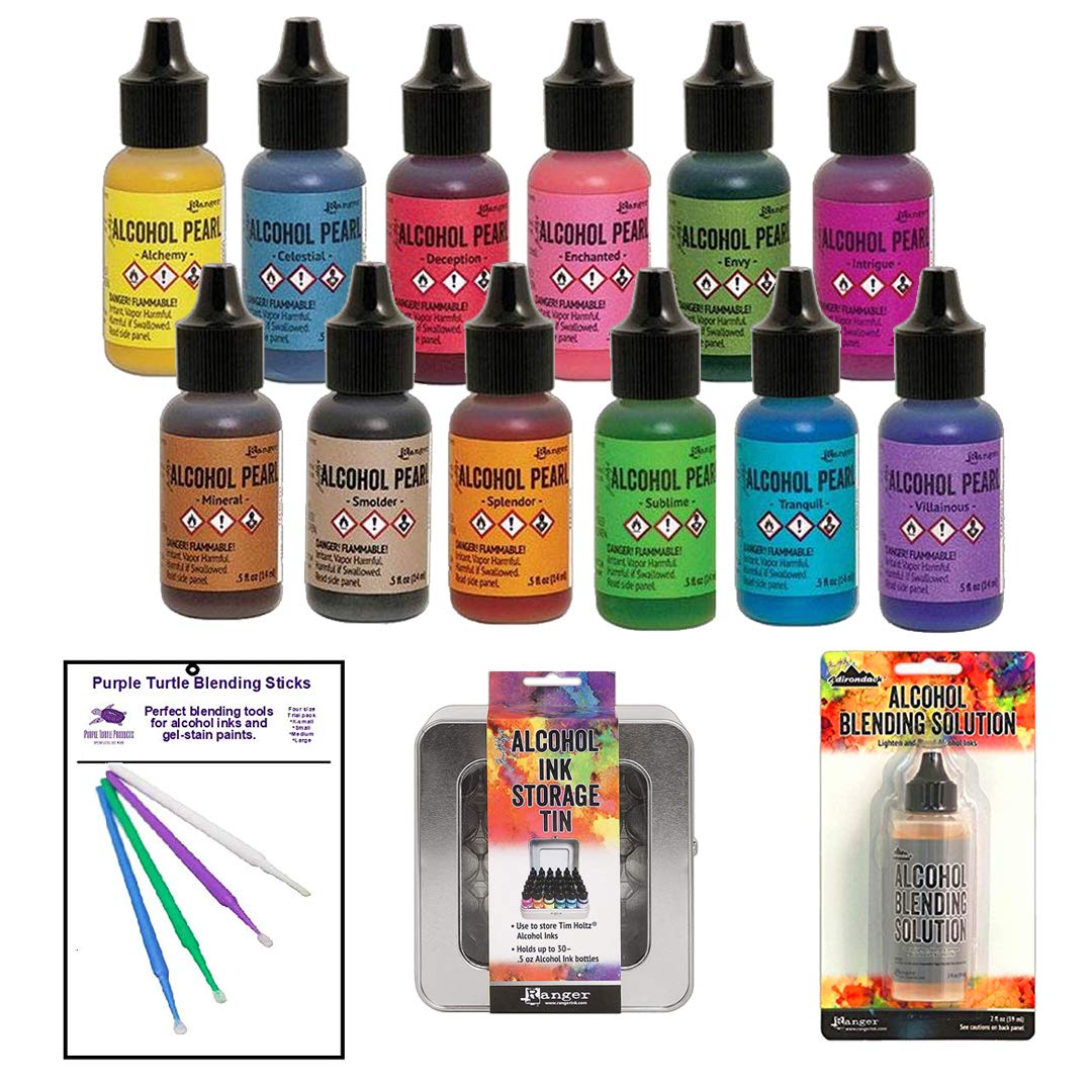 Ranger Tim Holtz Alcohol Ink Pearls Bundle Winter 2019 Release Plus Bonus Blending Tools for Blending Your Pearls on Yupo Paper and More (Pearls, Solution and Tin)