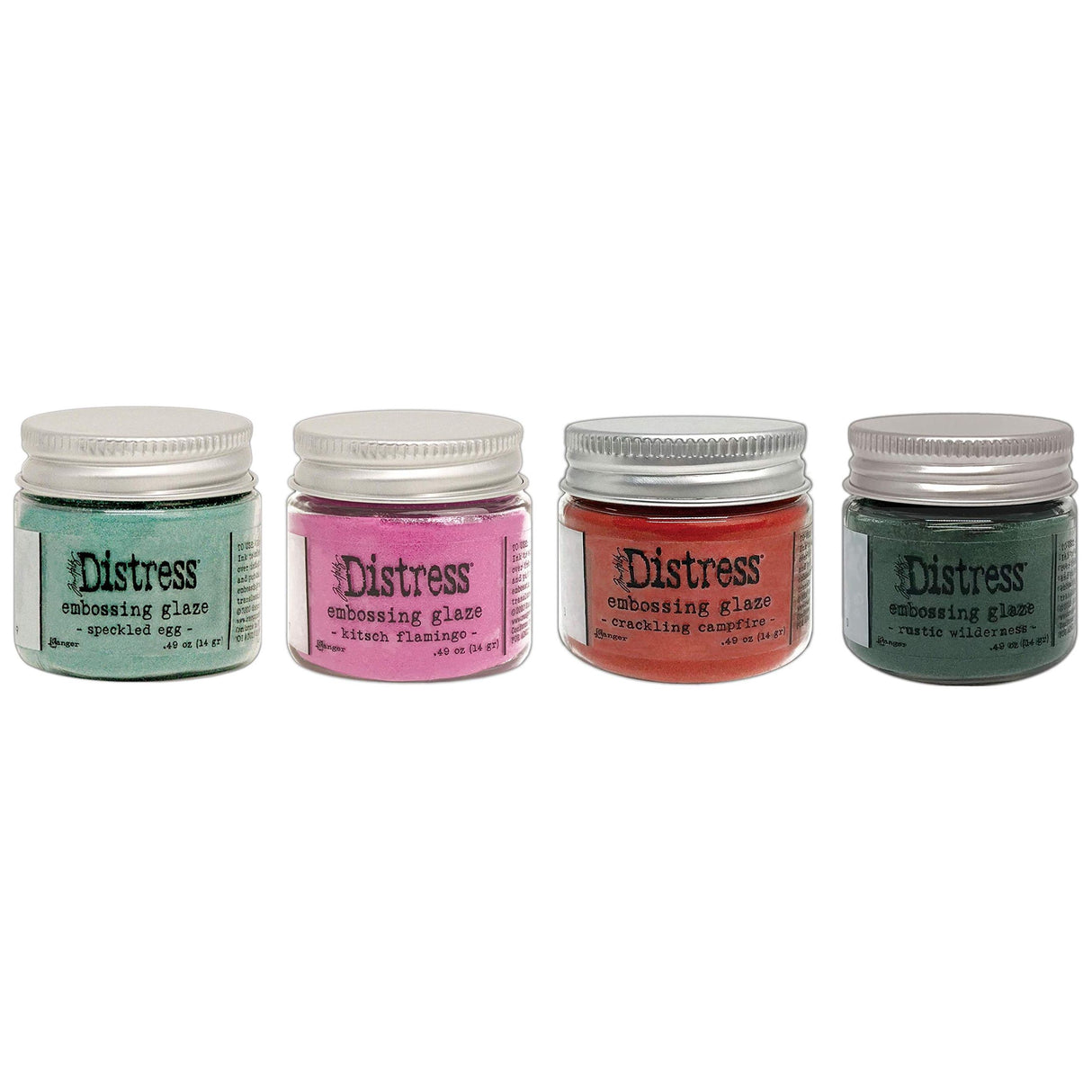 Tim Holtz Distress Embossing Glazes - Speckled Egg, Kitsch Flamingo, Crackling Campfire & Rustic Wilderness - 4 Item Bundle