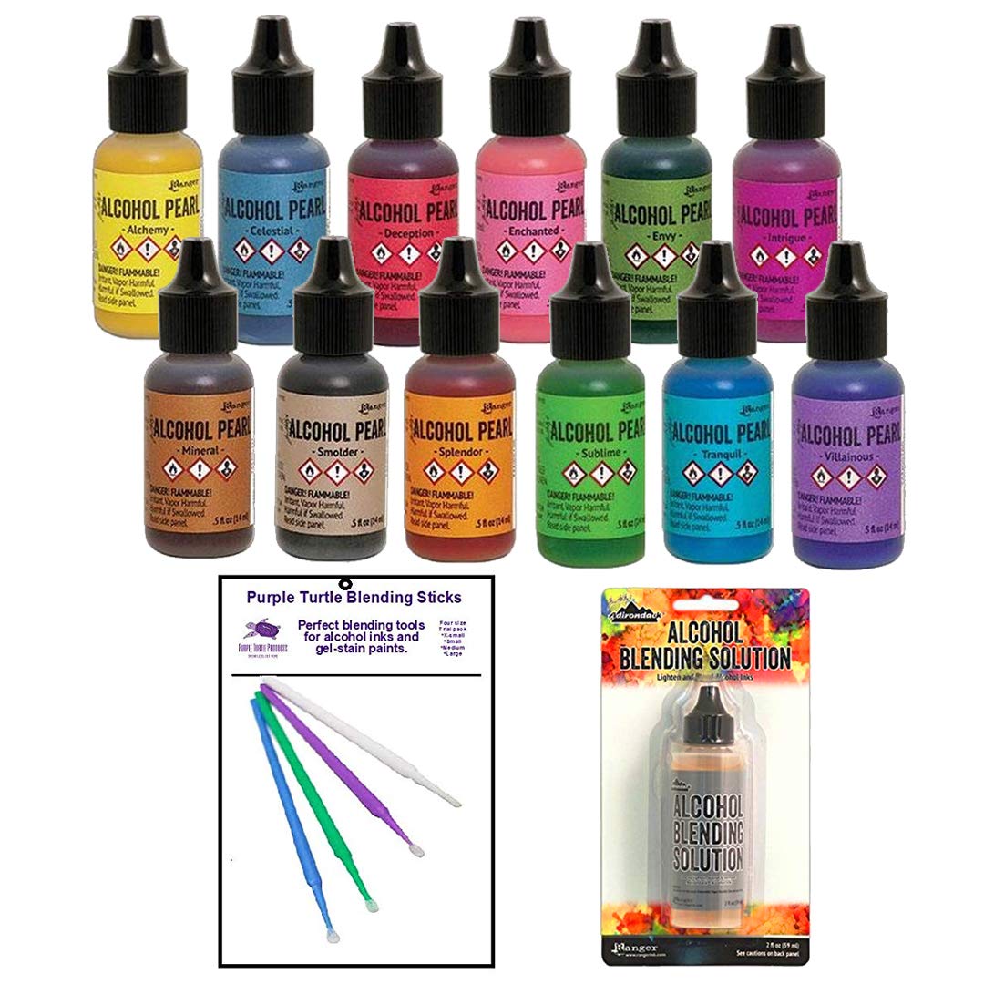 Ranger Tim Holtz Alcohol Ink Pearls Bundle Winter 2019 Release Plus Bonus Blending Tools for Blending Your Pearls on Yupo Paper and More (Pearls and Solution)