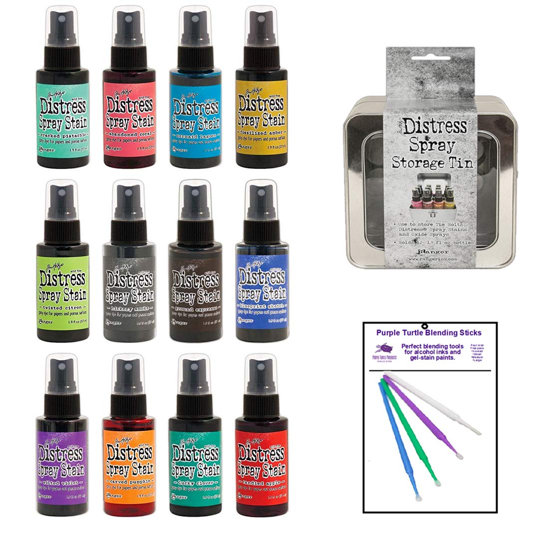 Ranger Tim Holtz Distress Bundle - 12 Color of The Month 2015 Distress Spray Stain with Storage Tin and Bonus PTP Blending Sticks