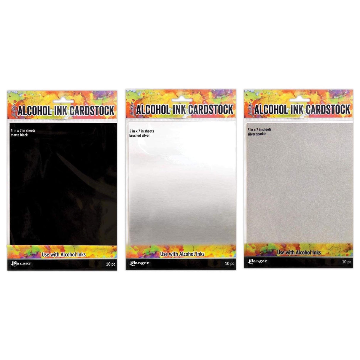 Tim Holtz Alcohol Ink Cardstock Surfaces, Bundle of 3 Colors, Matte Black, Brushed Silver, Silver Sparkle, 10 (5�x7�) Sheets Each Color