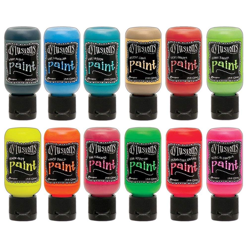 Dylusions Paints Bundle - Flip Cap Art Journal Ready Waterproof Blendable with Bonus PTP Blending Sticks! (12 Tropical)