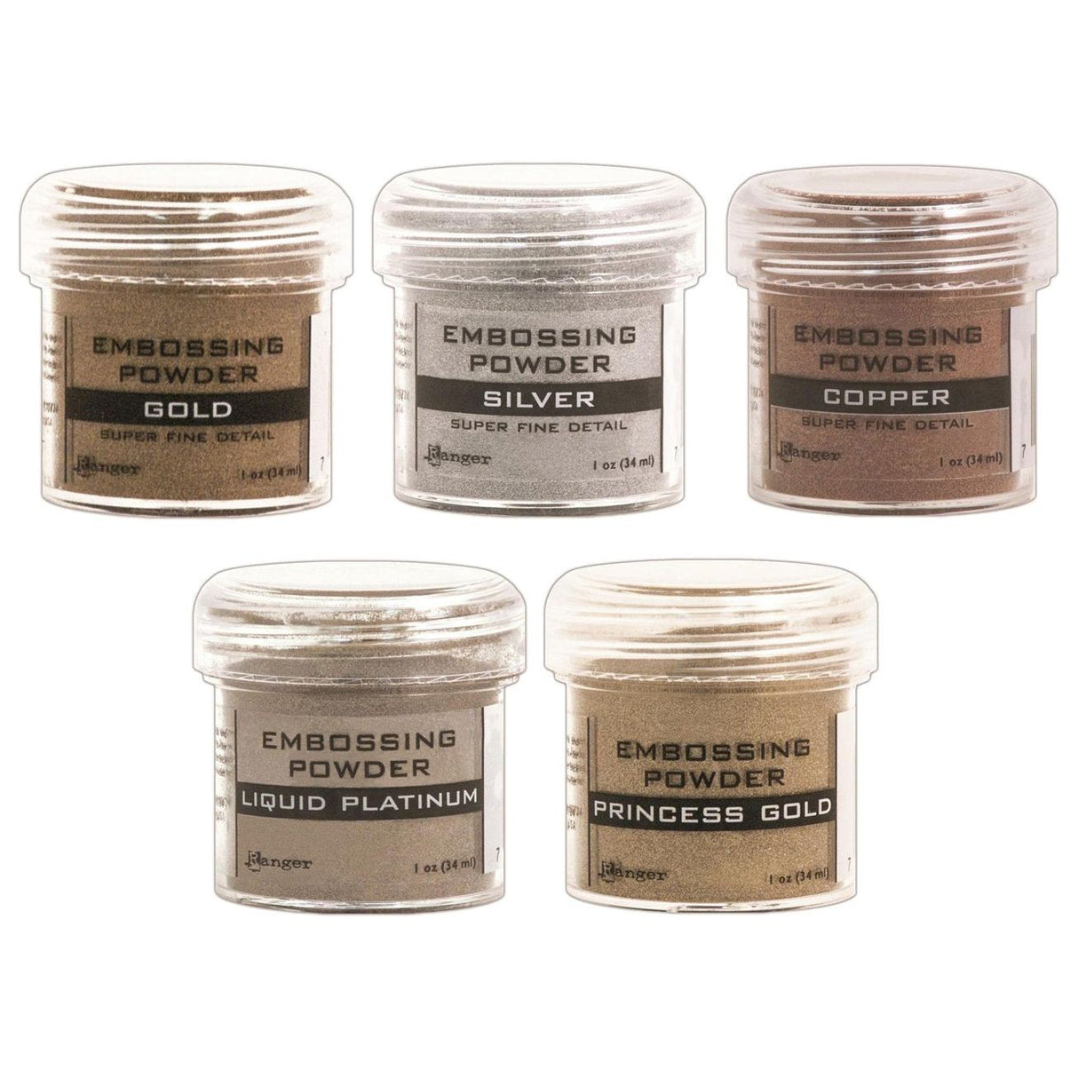 Ranger - Heat Embossing Powder for Cardmaking - Metallic - Gold, Silver, Platinum, Copper & Princess Gold - 5 Item Bundle