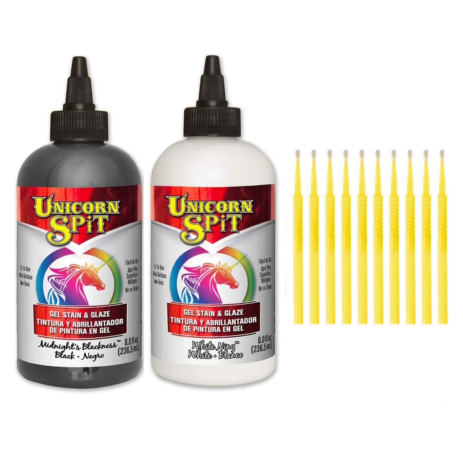 Unicorn SPiT Gel Stain & Glaze Paint in One - 8oz Black & White Set - Midnight's Blackness & White Ning with 10 TreBBies Fine Detail Sticks