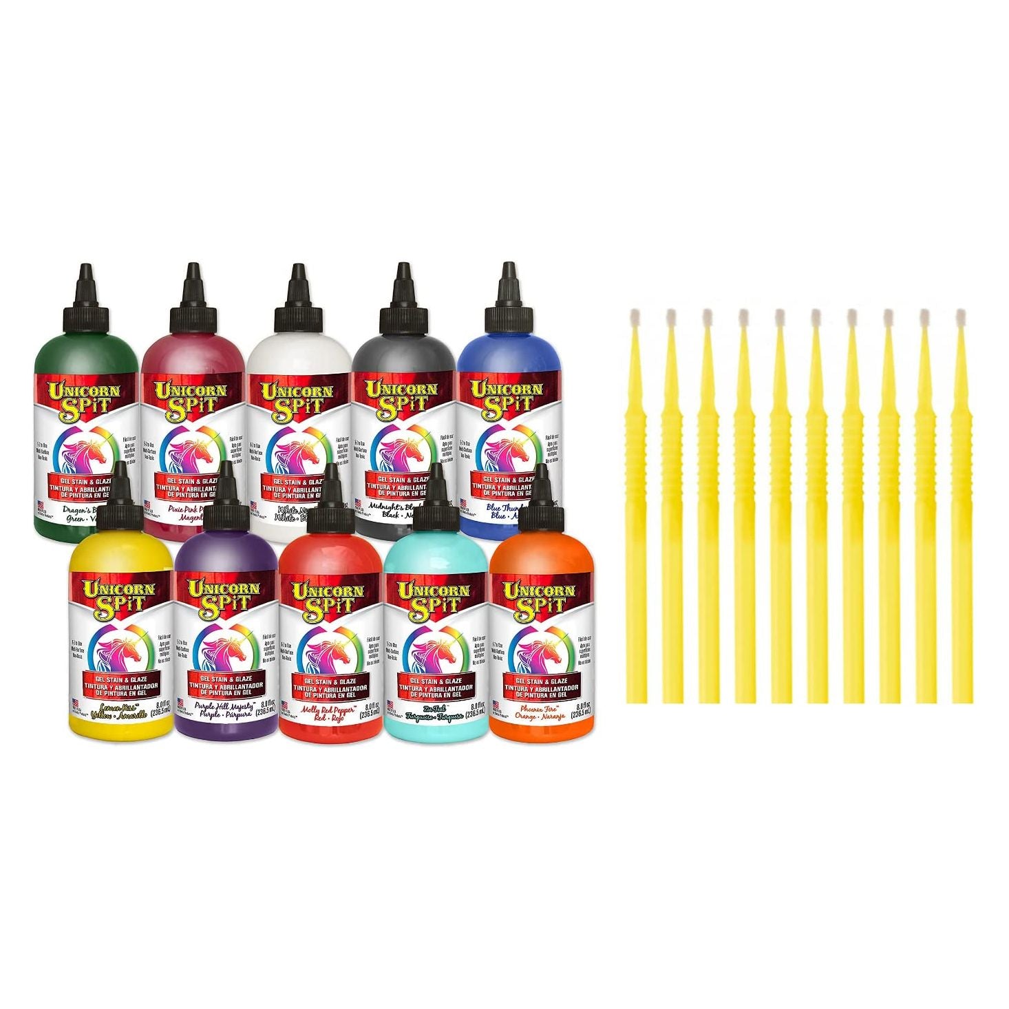 Unicorn SPiT Gel Stain & Glaze in One - 10 Paint Collection 8oz Bottles with 10 TreBBies Fine Detail Sticks