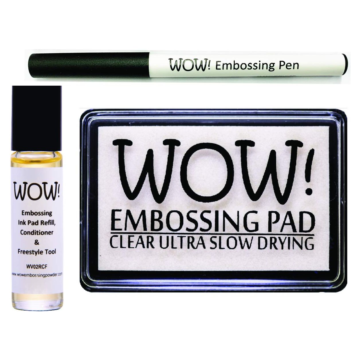 WOW Clear Embossing Ink Pad Ultra Slow Drying WV02, Refill Conditioner and Freestyle Tool WV02RCF and Embossing Pen WV04 - Bundle 3 Items