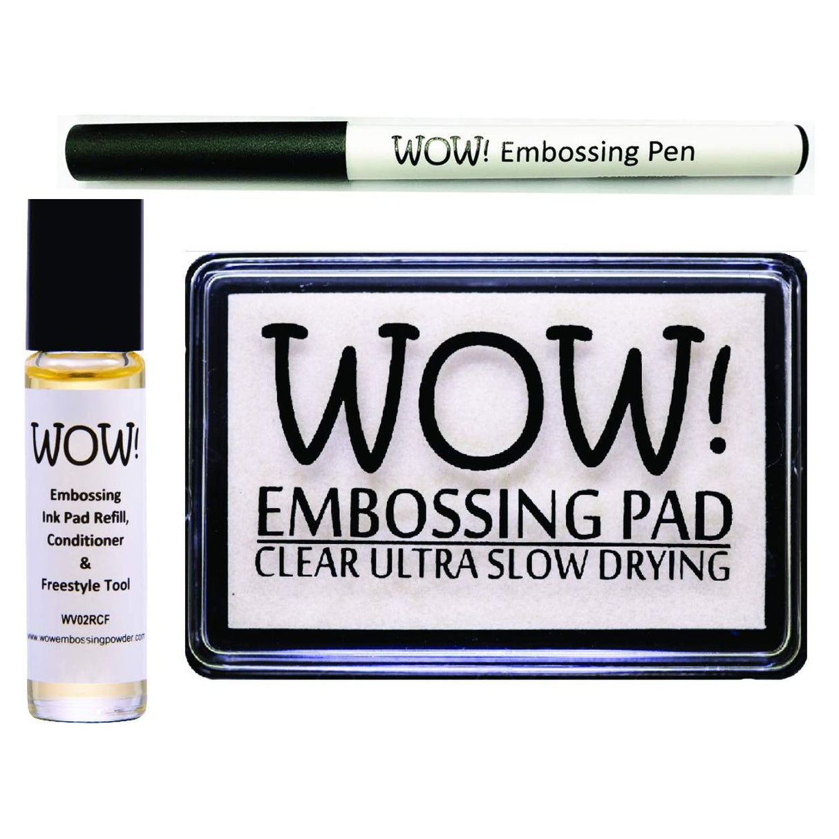 WOW Clear Embossing Ink Pad Ultra Slow Drying WV02, Refill Conditioner and Freestyle Tool WV02RCF and Embossing Pen WV04 - Bundle 3 Items