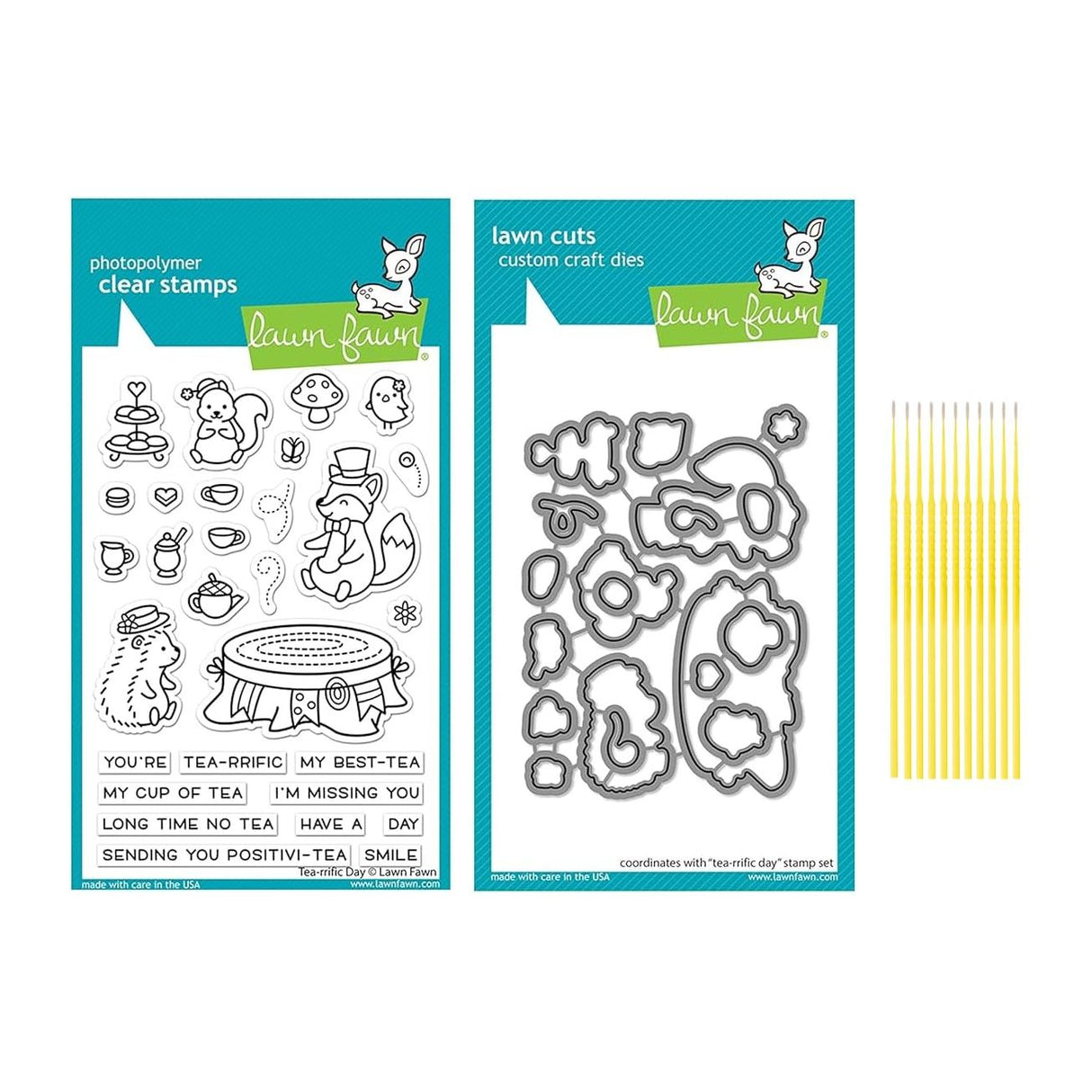 Lawn Fawn 3"x4" Tea-Rrific Day Clear Stamp Set and Coordinating Dies (LF2858, LF2859) with Trebbies Detail Sticks