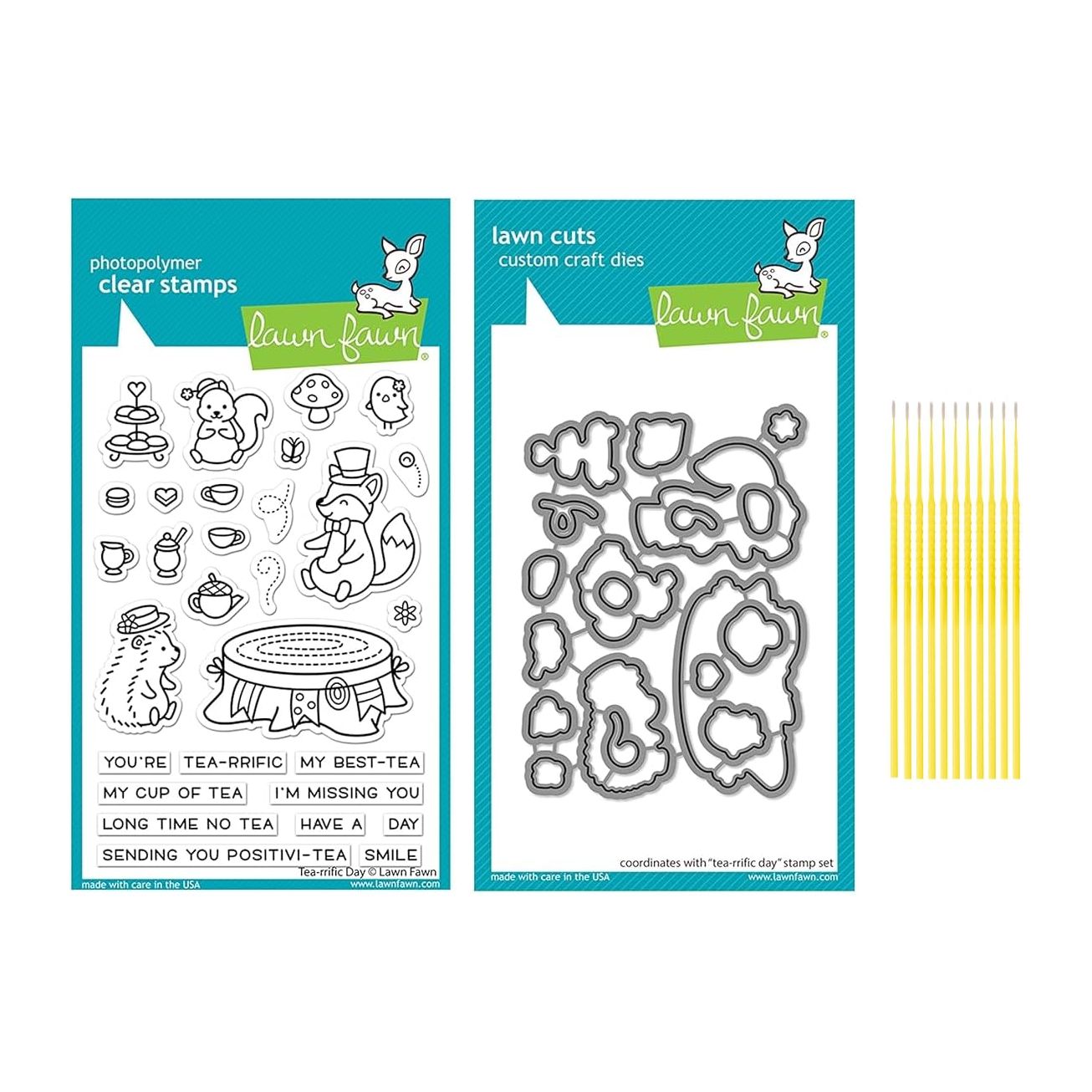 Lawn Fawn 3"x4" Tea-Rrific Day Clear Stamp Set and Coordinating Dies (LF2858, LF2859) with Trebbies Detail Sticks