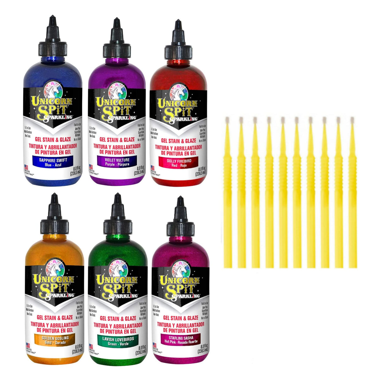 Unicorn SPiT Gel Stain & Glaze in One - 8oz Sparkle Collection - Sapphire Swift, Violet Vulture, Dolly Firebird, Golden Gosling, Lavish Lovebirds, & Starling Sasha with 10 TreBBies Fine Detail Sticks