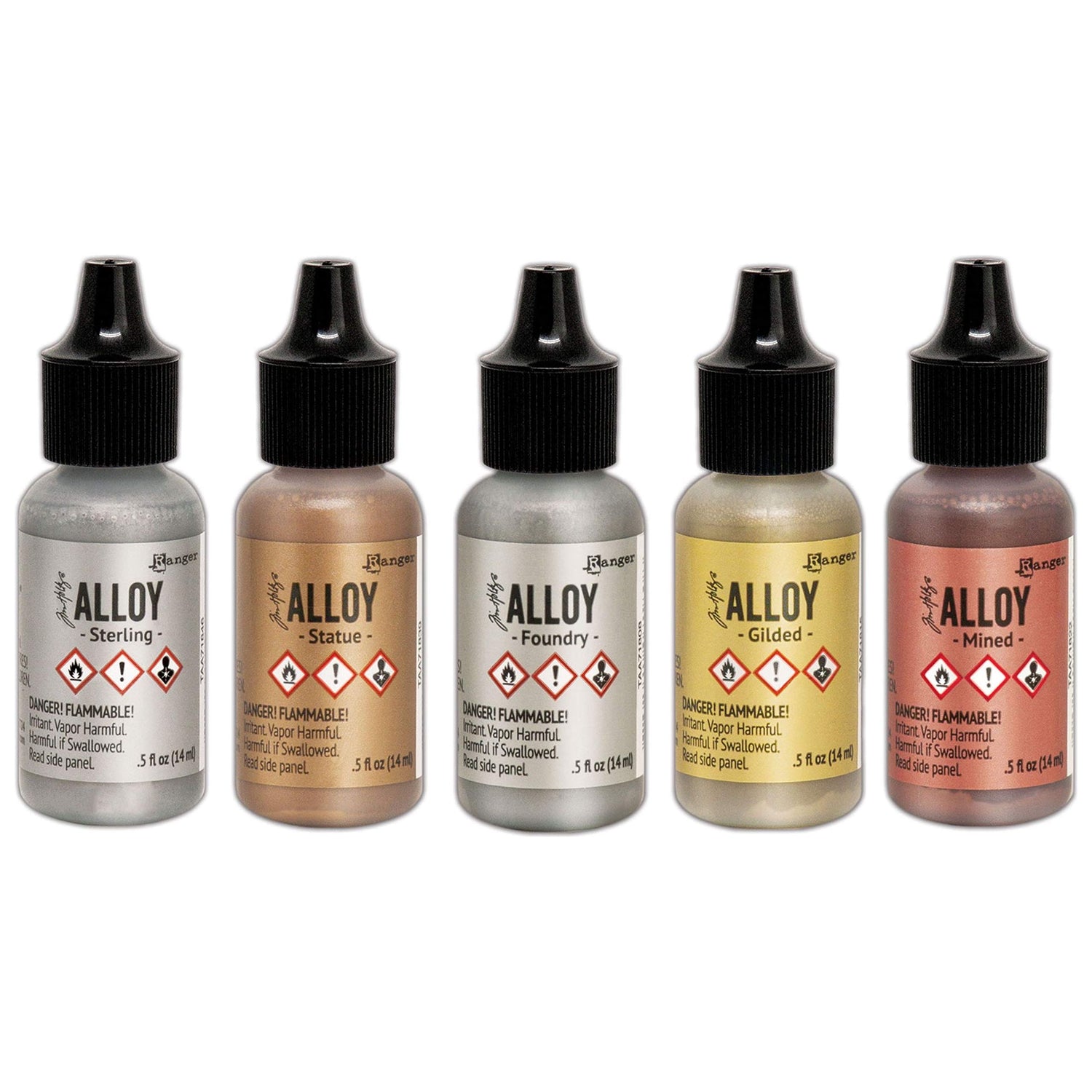 Tim Holtz Alloys Alcohol Inks Complete Metallic Set Includes Gilded, Mined, Foundry, Statue, Sterling, 5 Item Bundle