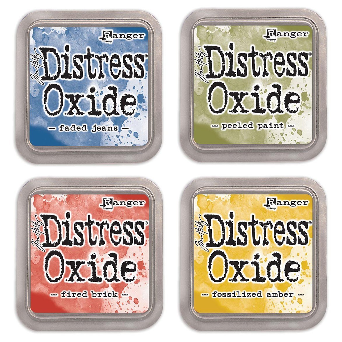 Ranger Tim Holtz Distress Oxide Bundle of 4 Ink Pads: Faded Jeans, Peeled Paint, Fired Brick, Fossilized Amber