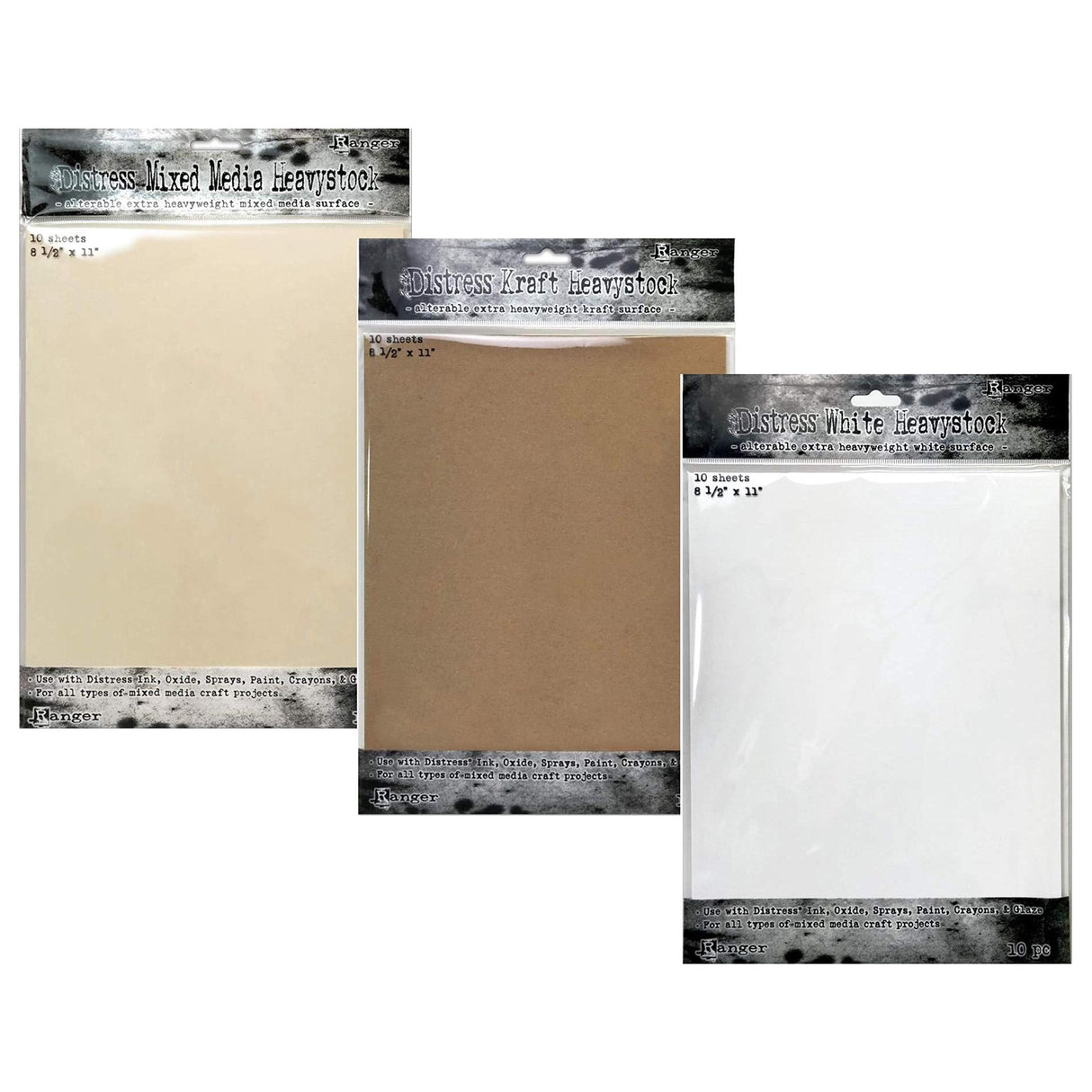 Tim Holtz Distress White, Kraft and Mixed Media Heavystock, 8 1/2x 11, Perfect for Use with Distress Ink, Oxide, Sprays, Paints, Crayons, Glaze & More, Bundle of 3 Packages, 10 Sheets Each, 30 Sheets