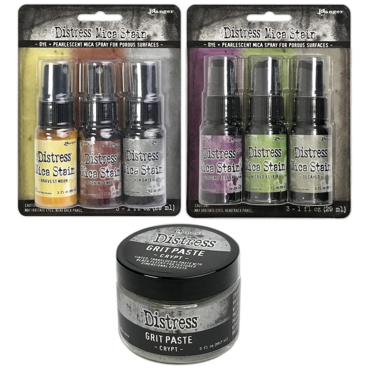 Tim Holtz Distress 2022 Halloween Mica Stains Sets #3 and #4 and Halloween Crypt Grit Paste - Limited Edition - 3 Item Bundle, red green