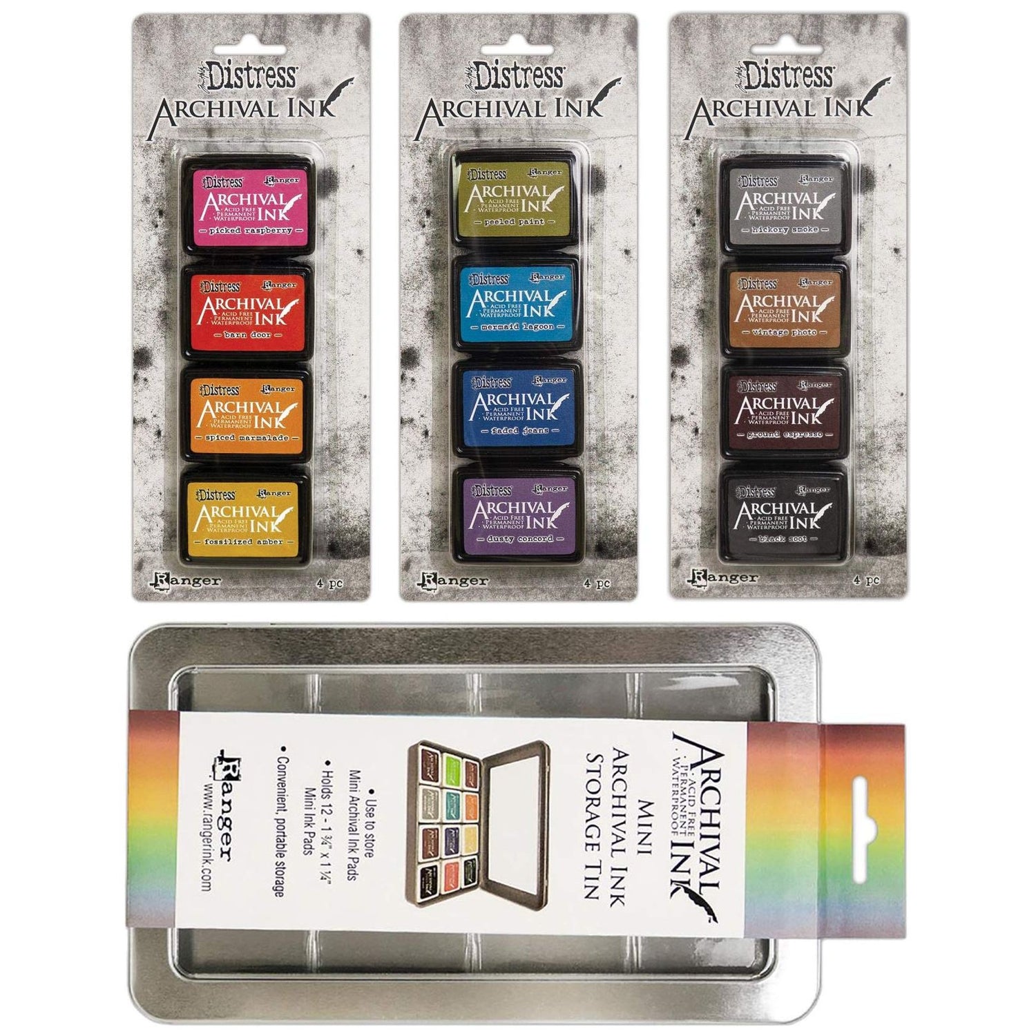 Tim Holtz Distress Archival Mini Ink Kit 1, Kit 2, Kit 3 and Storage Tin - 4 Item Bundle