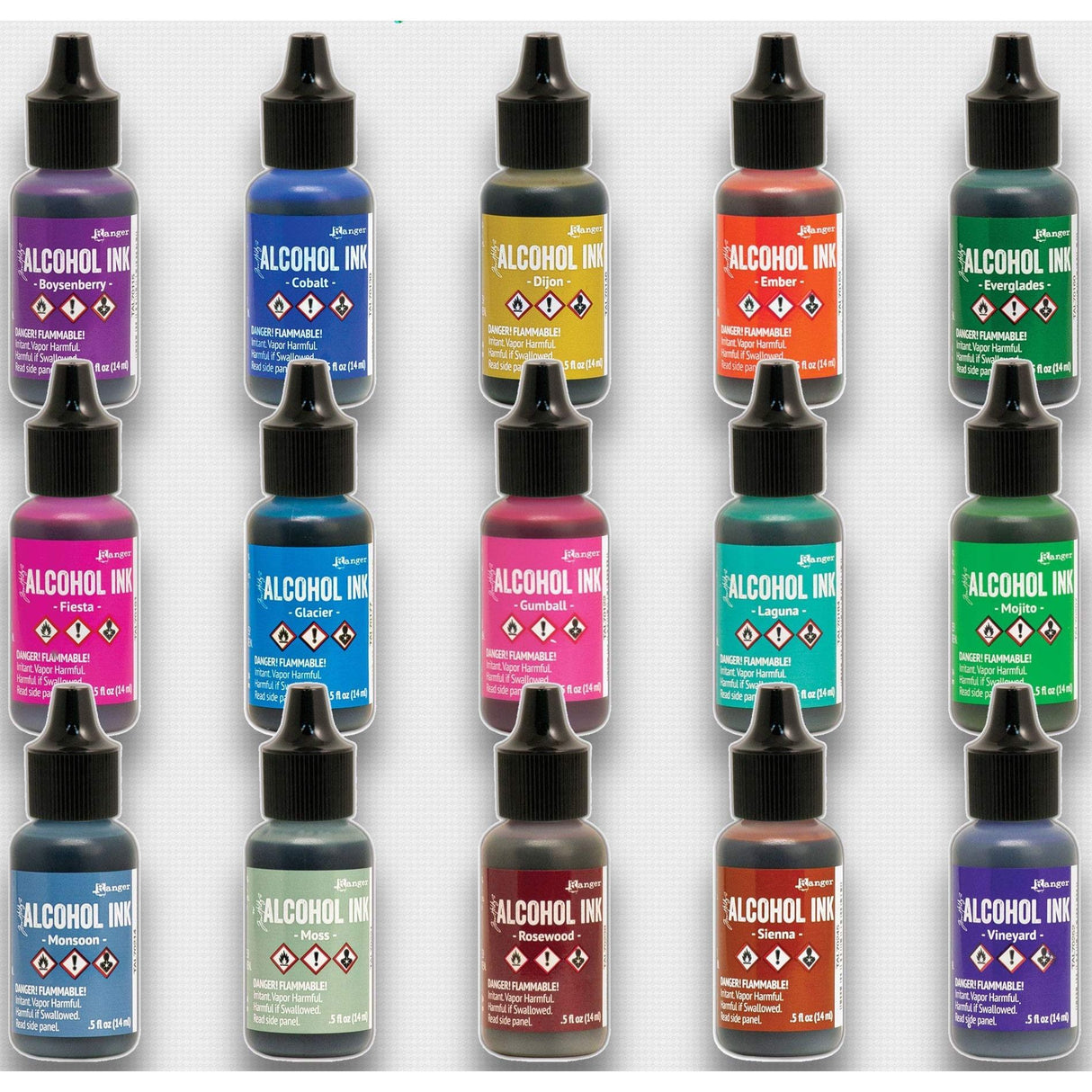 Ranger Alcohol Inks New 2020 Colors Bundle Boysenberry, Cobalt, Dijon, Ember, Everglades, Fiesta, Glacier, Gumball, Laguna, Mojito, Monsoon, Moss, Rosewood, Sienna, Vineyard with Bonus Detail Sticks