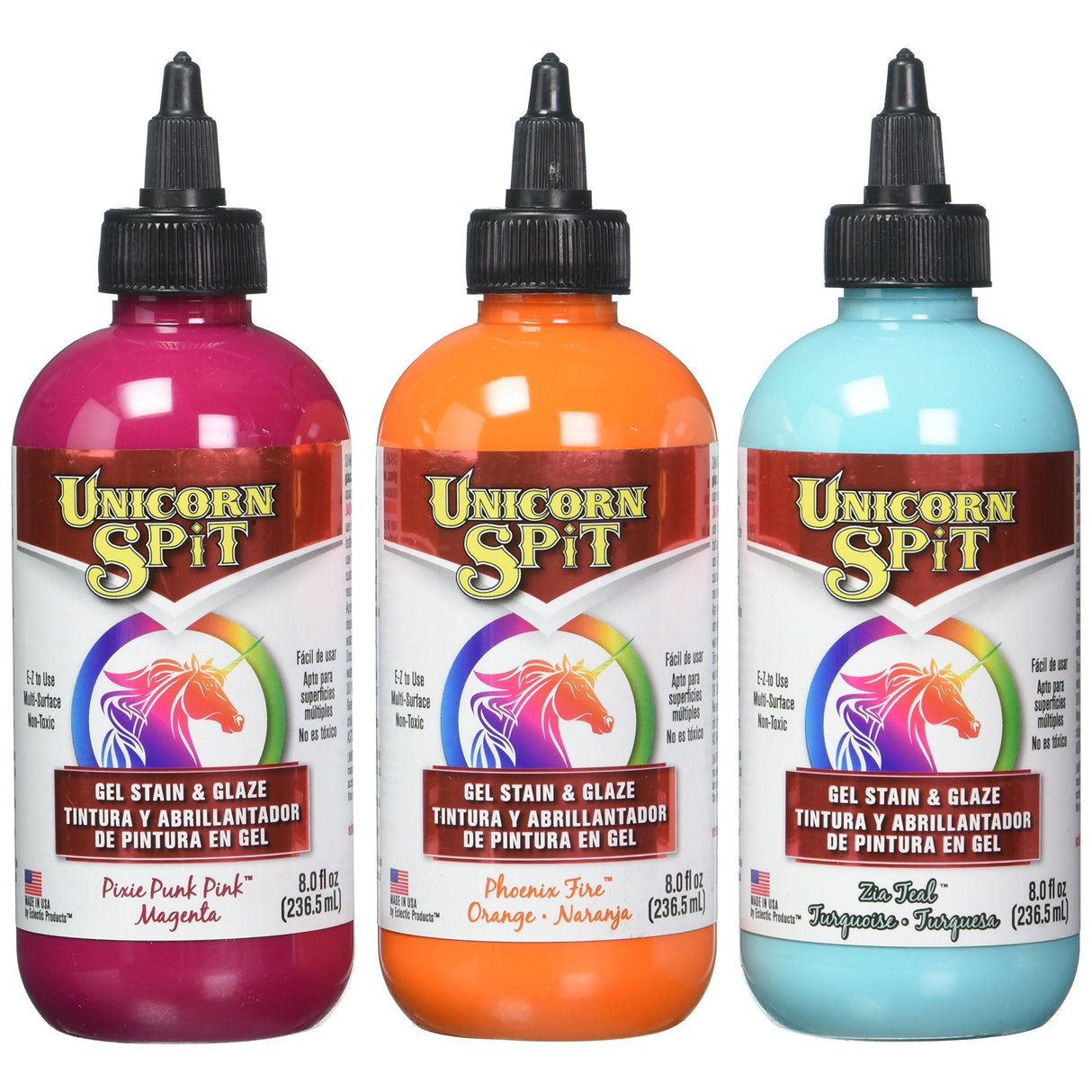 Unicorn SPiT Gel Stain & Glaze Paint in One - CaLyPso Set: --Phoenix Fire, Pixie Punk Pink, Zia Teal - 8 oz size--
