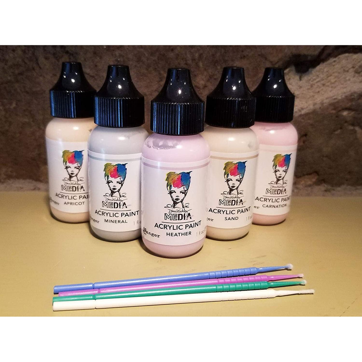 PTP Flash Deals Ranger Acrylic Paint Bundle - 5 Dina Wakley Media Acrylic Paints Blending Sticks (Pleasantly Pastel - Carnation, Mineral, Heather, Sand and Apricot)