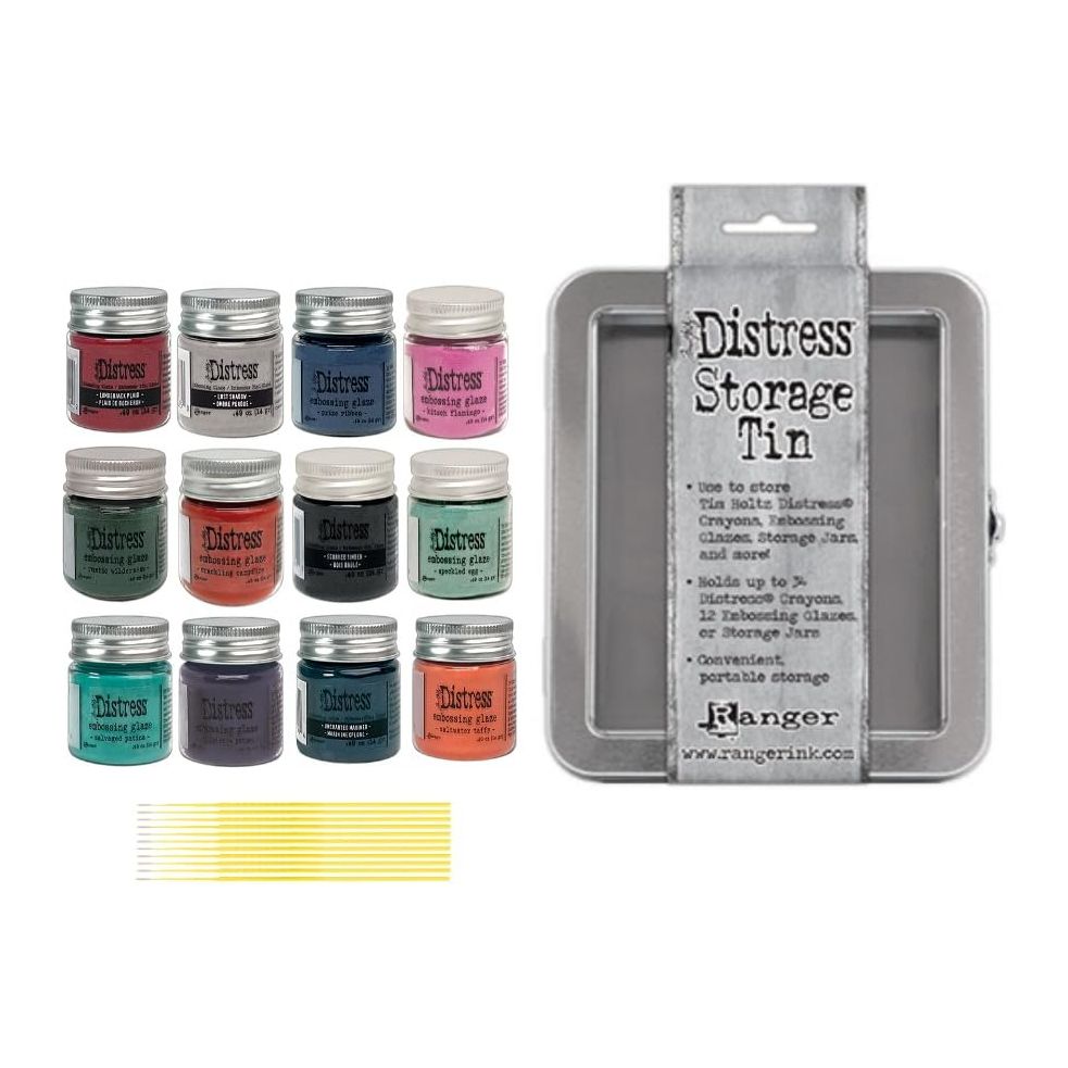 Tm Holtz Ranger Embossing Glaze Bundles - 12 Prize Ribbon Colors Embossing Glaze Jars with Trebbies Detail Sticks (12 Jars with TIN)
