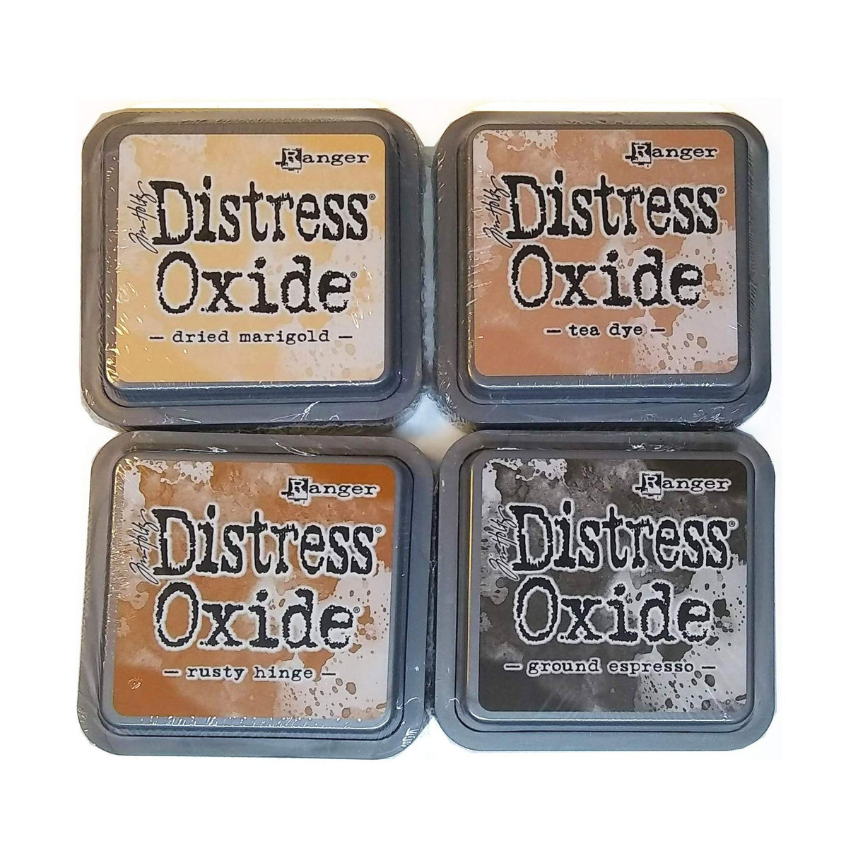 Tim Holtz Ranger Distress Oxide Ink Bundle - Four 3" x 3" Pads (T - Tea and Coffee : Dried Marigold, Tea Dye, Rusty Hinge, and Ground Espresso)