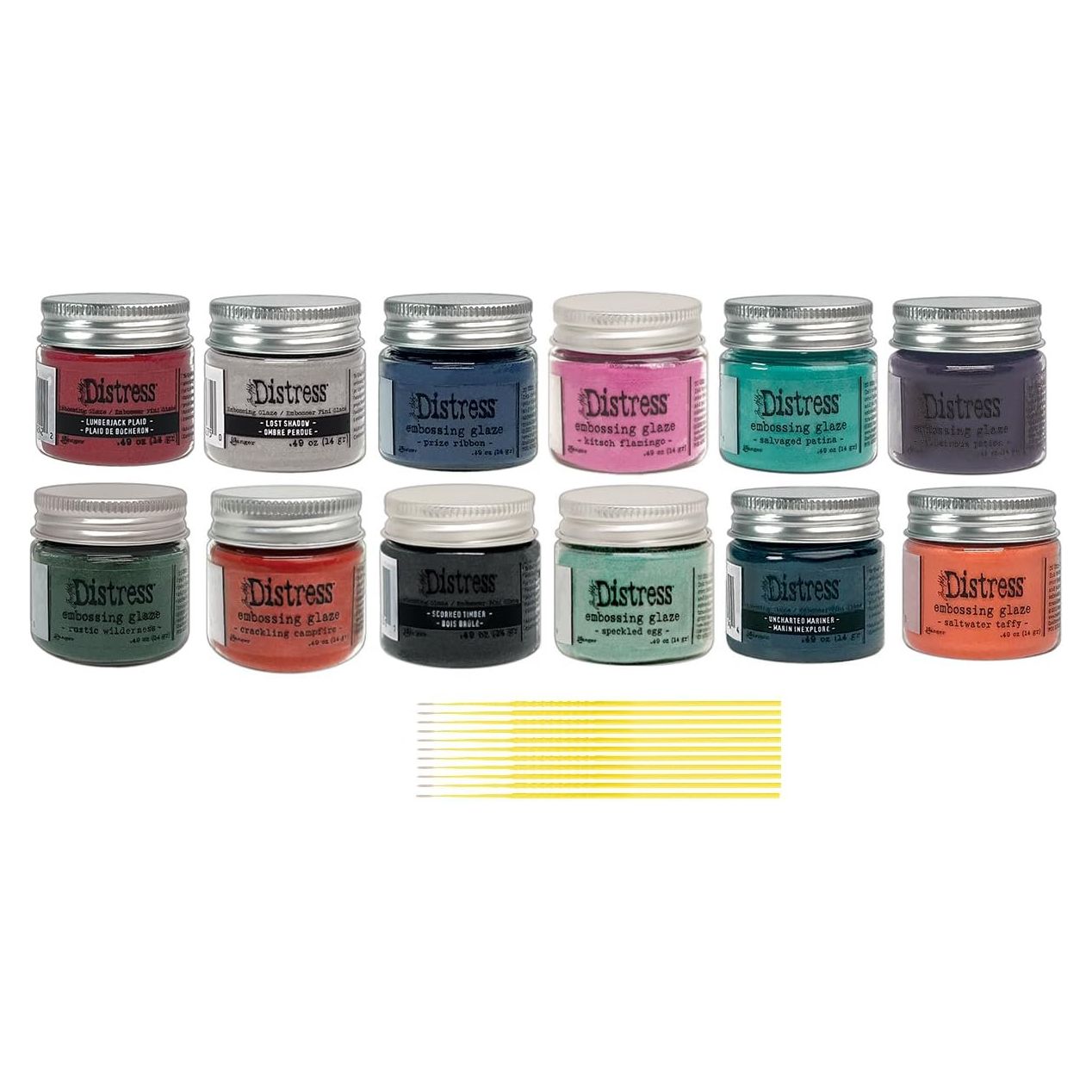 Tim Holtz Ranger Embossing Glaze Bundle - 12 Prize Ribbon Colors Embossing Glaze Jars - Translucent, 1 oz - with Trebbies Detail Sticks (12 Jar Complete Collection)
