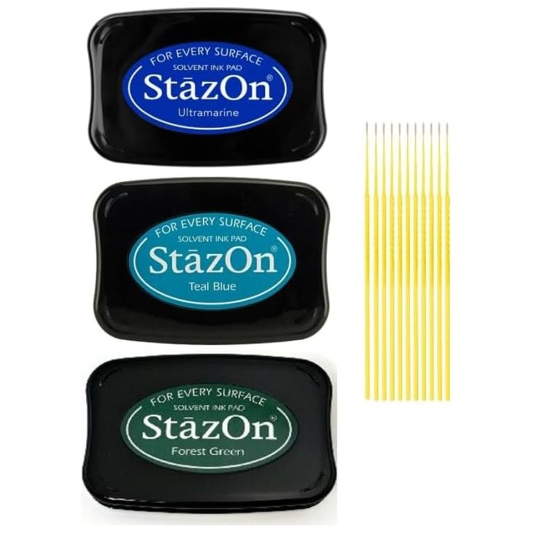 StazOn Multi-Surface Bundle - 3 Pk StazOn Solvent Ink Pads with Trebbies Detail Sticks (Teal Blue, Ultramarine, and Iris)