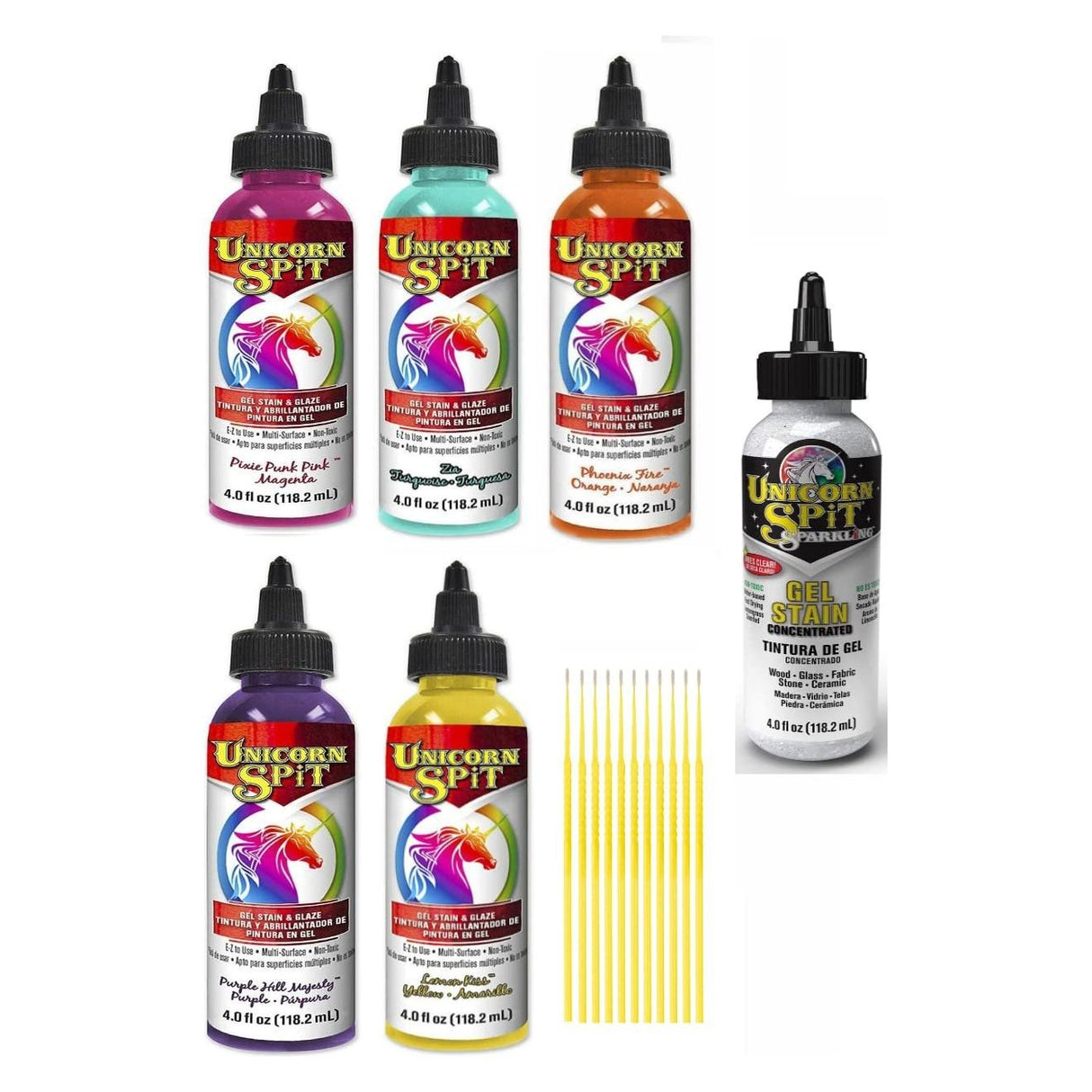 Unicorn SPiT Gel Stain & Glaze ICY Tropics Collection: 4 oz Bundle with Sparkling Iced Egret and Trebbies Detail Sticks (Pixie Punk Pink, Zia, Pheonix Fire, Purple Hill Majesty, Lemon Kiss)