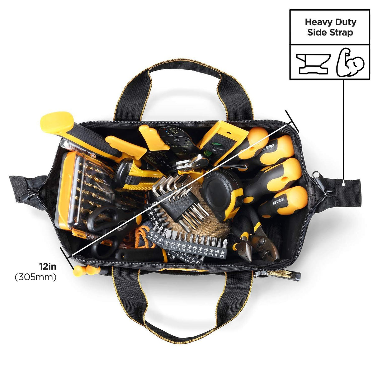 STEELHEAD 12-Inch Wide Mouth Tool Bag & Organizer, Reinforced Bottom, 4 Pockets, Water-Resistant, Heavy-Duty Zipper, Quick-Access Tool Attachment, Jobsite Ready: Electricians, Plumbers, Contractors