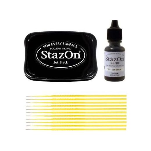 StazOn Multi-Surface Bundle - Jet Black StazOn Solvent Ink Pad and .05 oz Reinker with Trebbies Detail Sticks