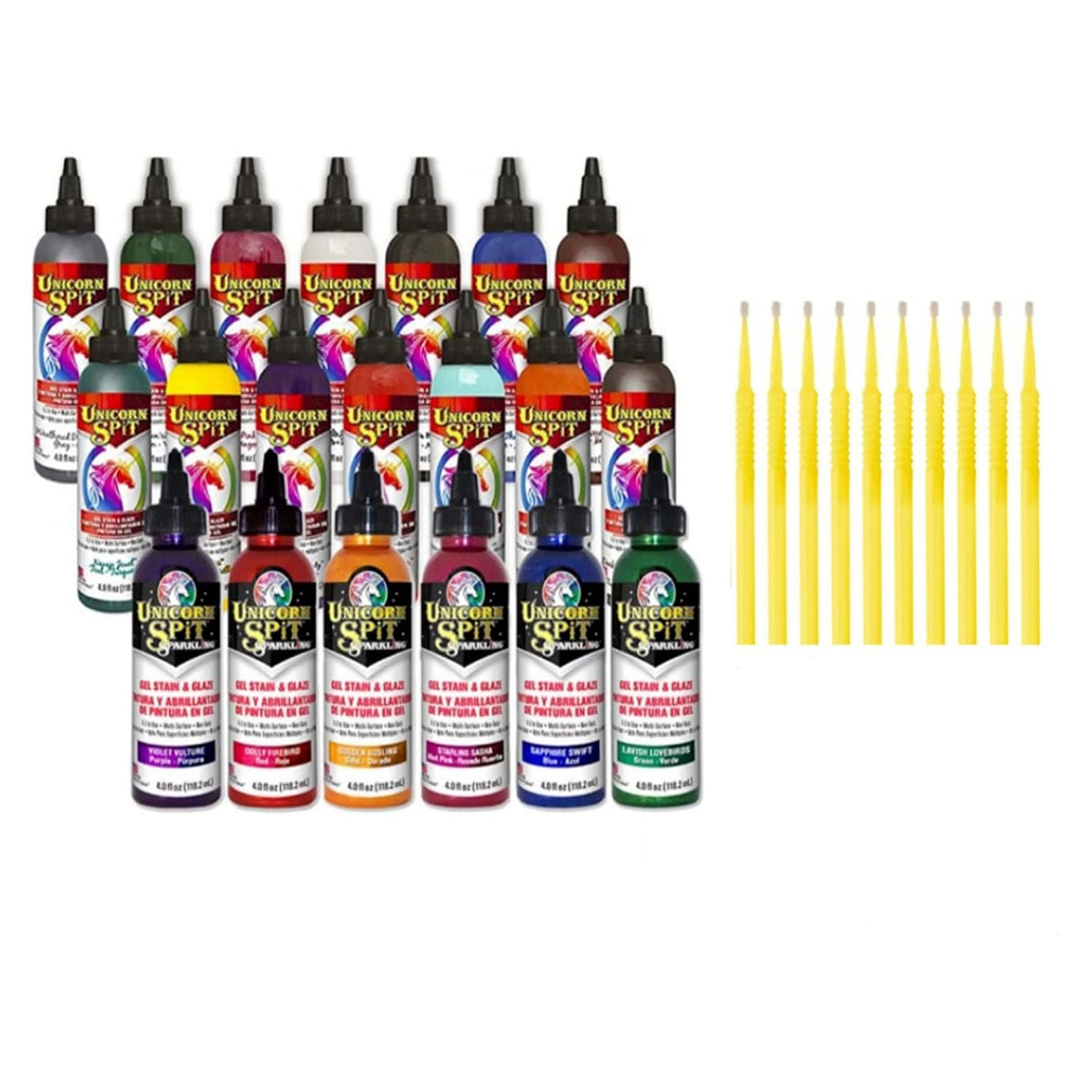 Unicorn SPiT Gel Stain & Glaze in One - 20 Complete Original & Sparkle Paint Collection with 10 TreBBies Fine Detail Sticks (8oz, 20 Complete Original & Sparkle Paint Collection)