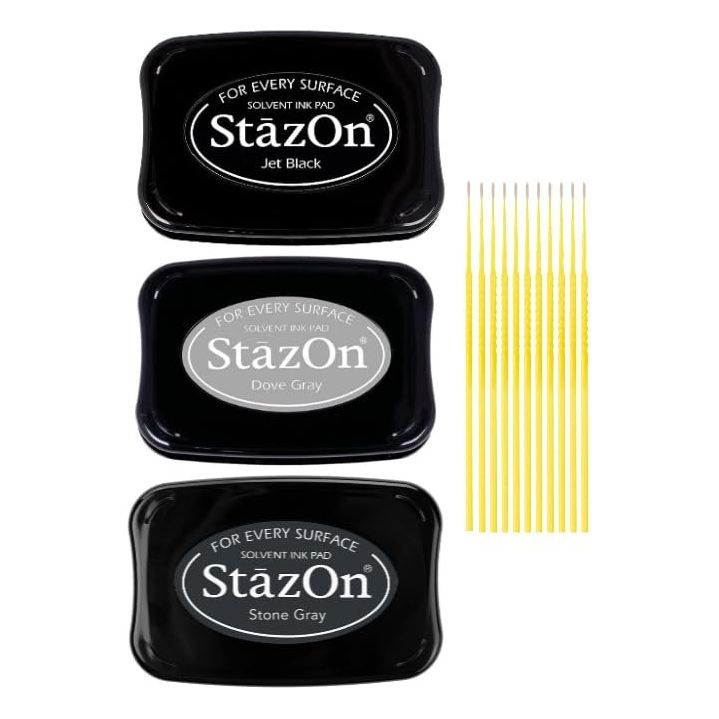StazOn Multi-Surface Bundle - 3 Pk StazOn Solvent Ink Pads with Trebbies Detail Sticks (Jet Black, Stone Gray, Dove Gray)