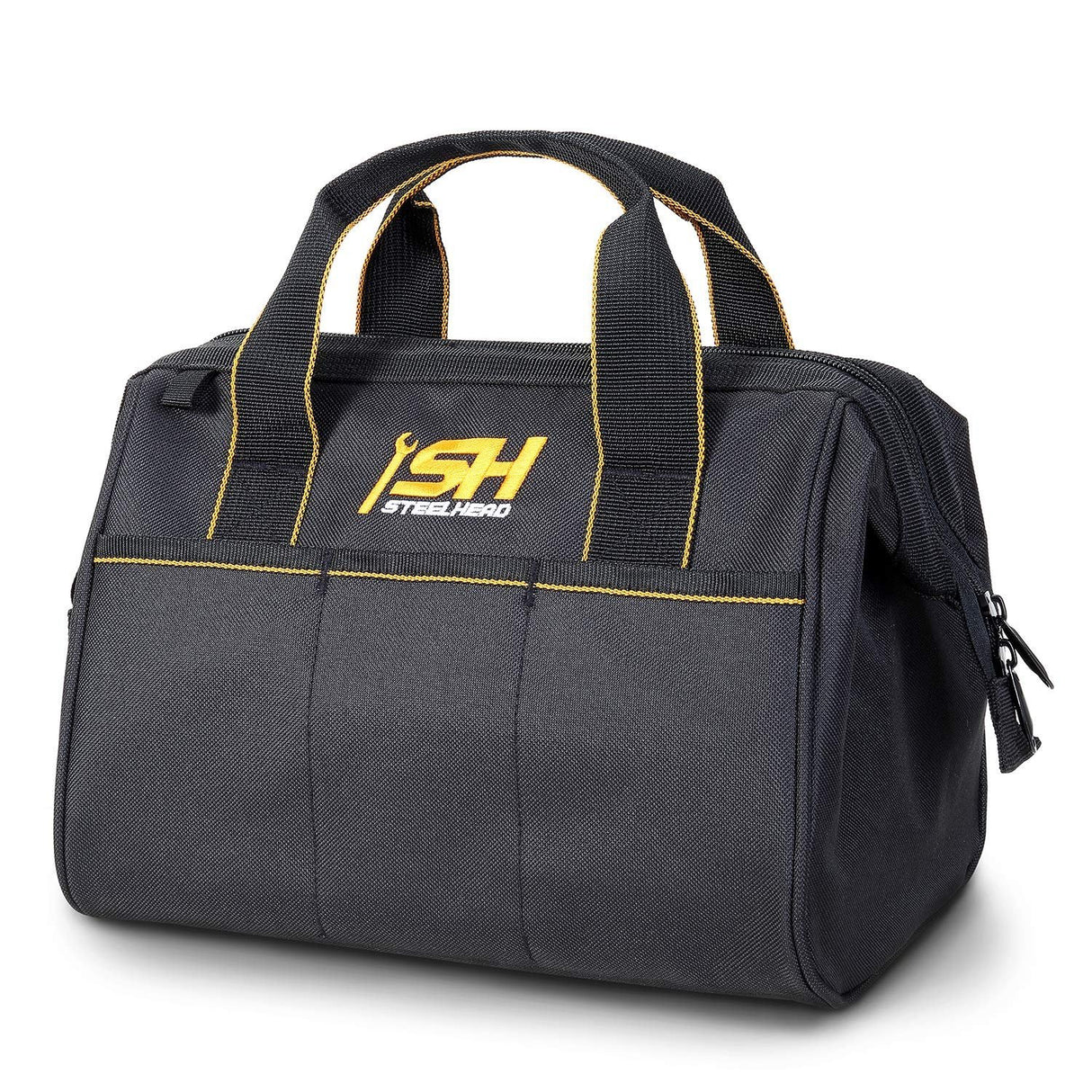 STEELHEAD 12-Inch Wide Mouth Tool Bag & Organizer, Reinforced Bottom, 4 Pockets, Water-Resistant, Heavy-Duty Zipper, Quick-Access Tool Attachment, Jobsite Ready: Electricians, Plumbers, Contractors