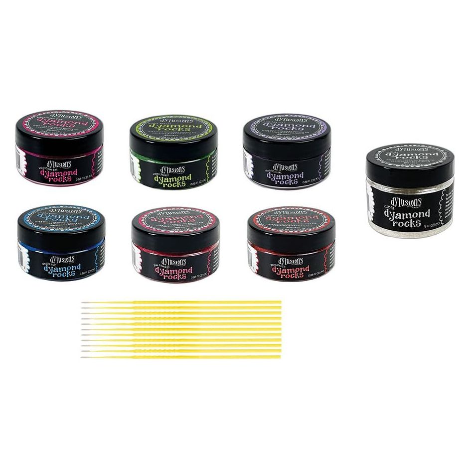 Trebbies Dyamond Rocks Bundle - Dylusions Bubblegum Pink, Island Parrot, Laidback Lilac, London Blue, Pink Flamingo, Postbox Red, and Clear Dyamond Rocks with Trebbies Detail Sticks